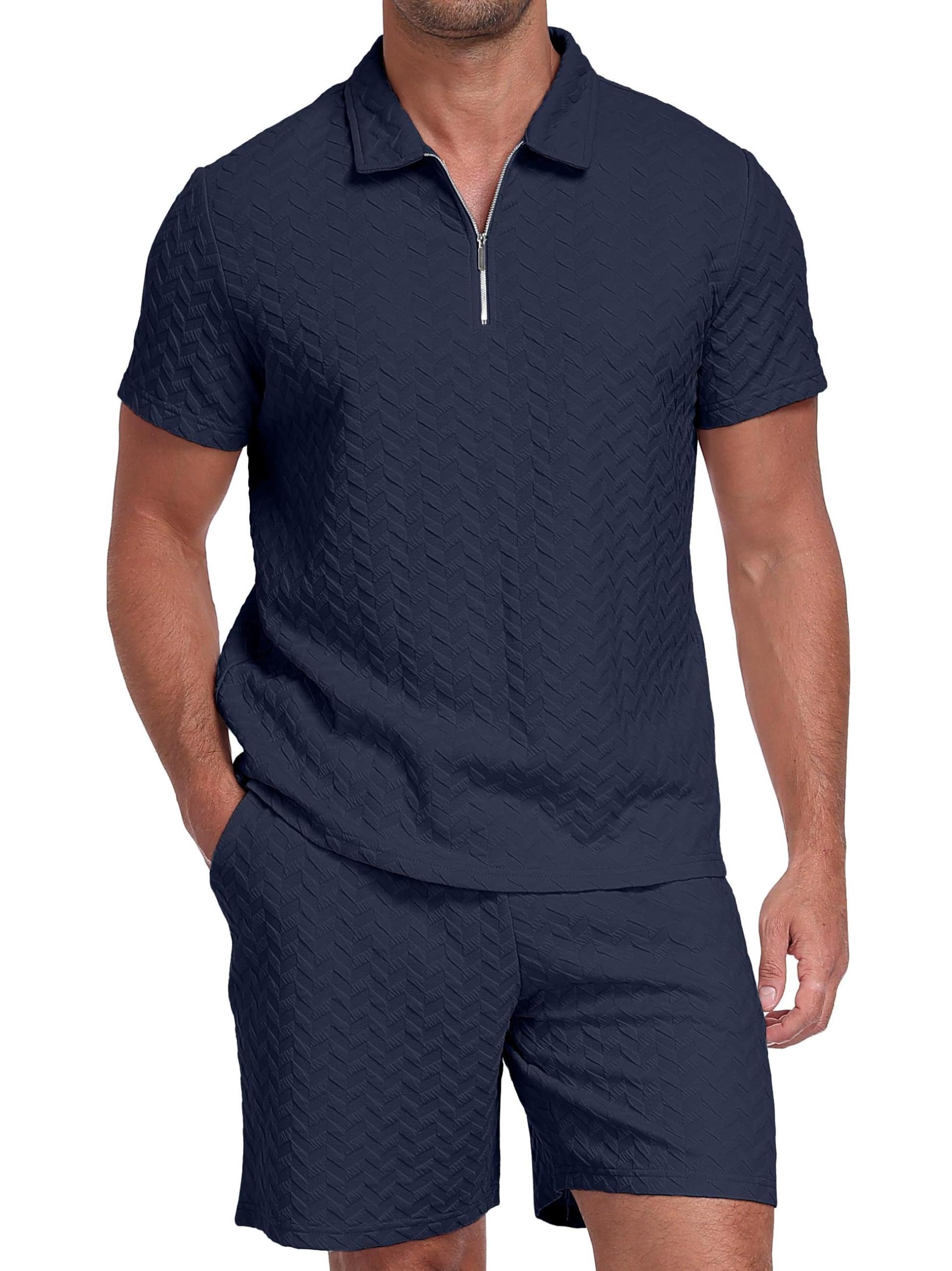 QIXING Herren Sommer Set 2 Teilig Kurzarm Poloshirt mit 1/4 Reißverschluss und Shorts, Herren Freizeitanzug Sommer Outfit, Kurzarm Shirt und Kurze Hose Set für Urlaub Strand Freizeit