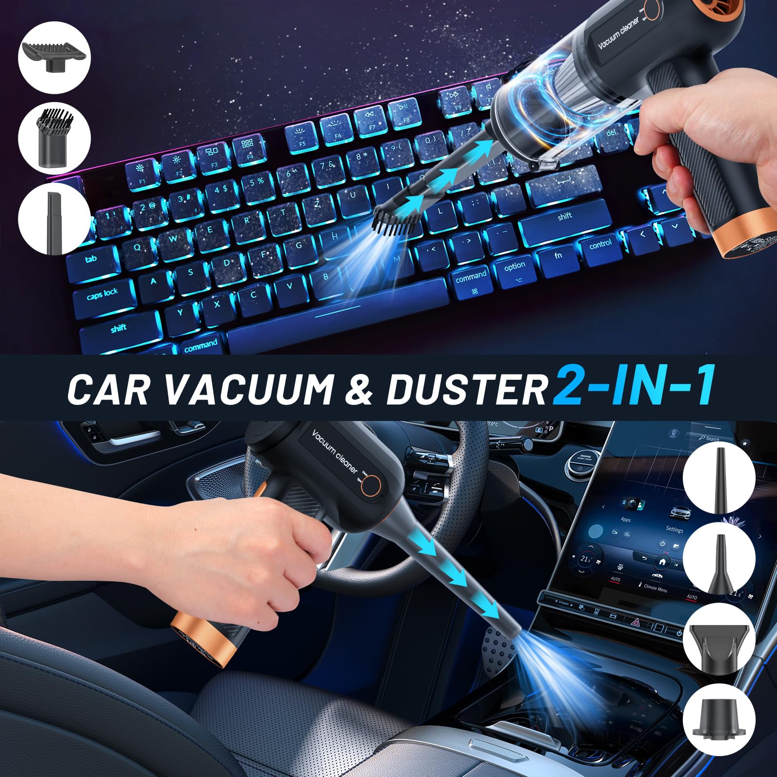 ofottofo Aspiradora Auto Potente, 12000PA Piccolo Aspirabriciole Senza Fili, Mini Aspirapolvere Portatile Ricaricabile Para Sofás, Peli Animali, Camping con Display LED 2 Velocidades