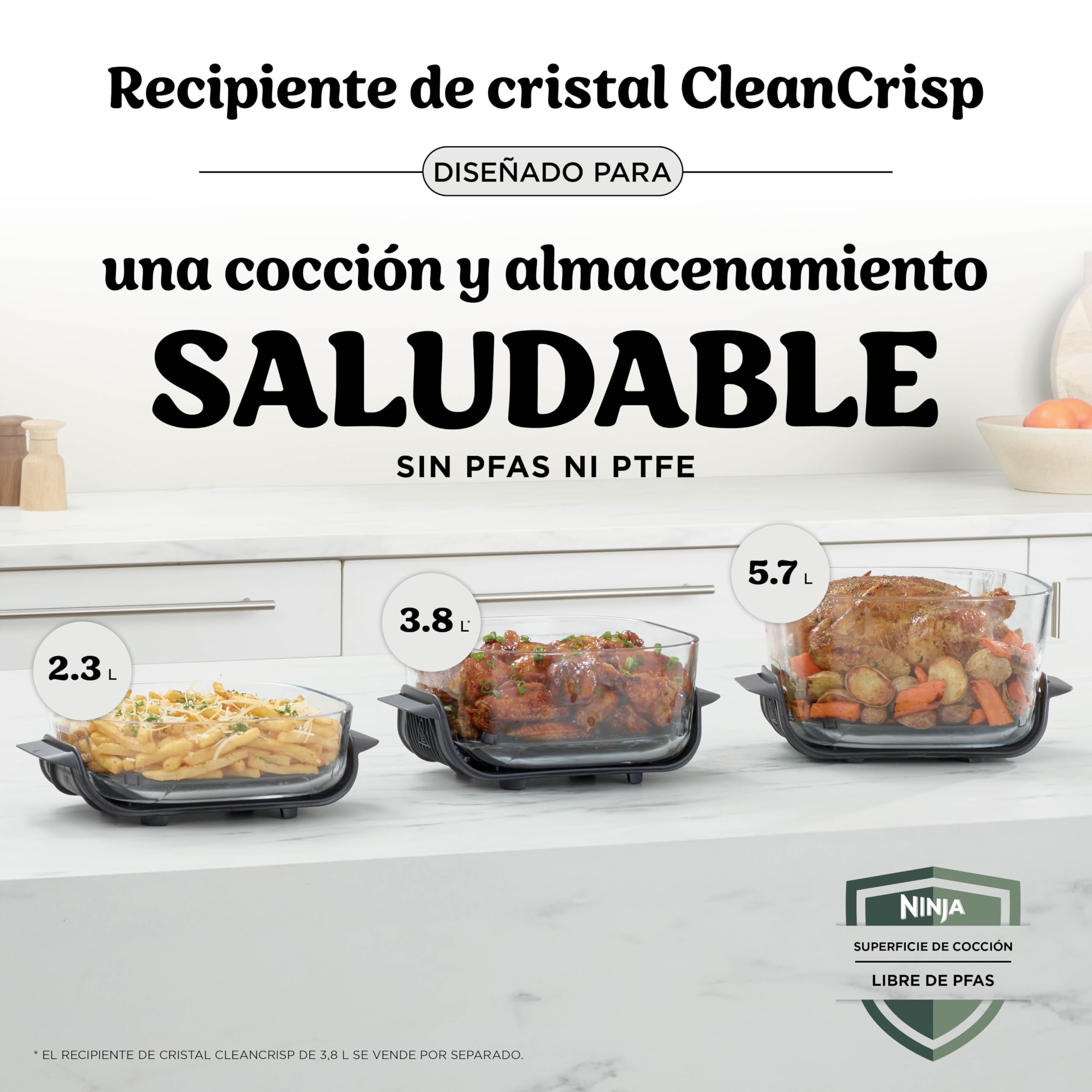 Ninja CRISPi PRO XL Freidora de aire, 5 funciones de cocción predefinidas, recipientes de cocción de cristal CleanCrisp de 5,7 y 2,3 l y tapas para almacenamiento, Blanco AS090EUWH