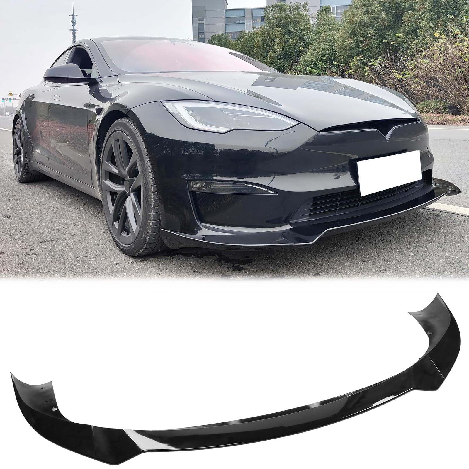 FREEMOTOR802 Front Bumper Lip Splitter, Fits 2021-2024 Tesla Model S, Track Pack Style Gloss Black PP 3PCS Air Dam Chin Spoiler Underbody Front Lip