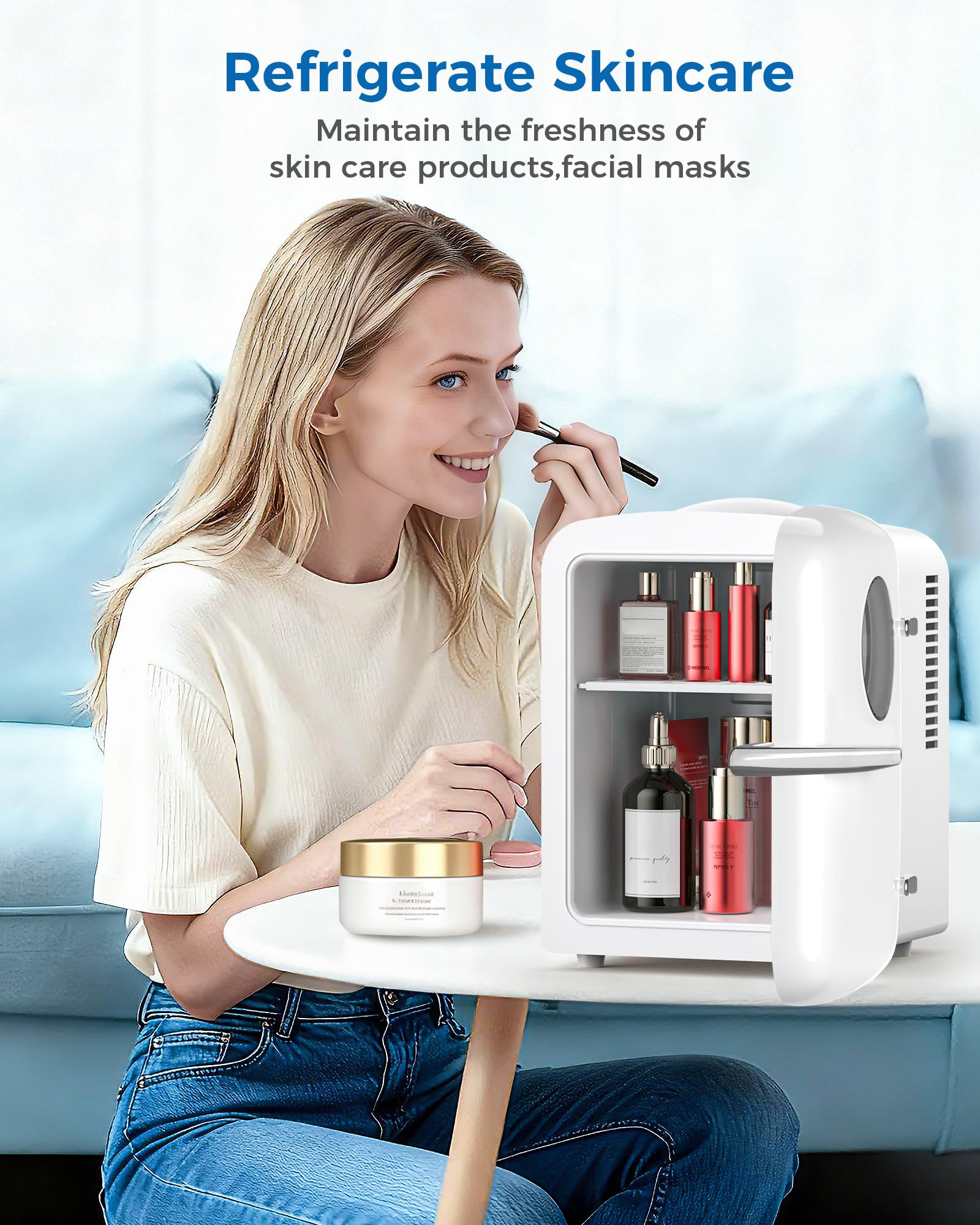 Electactic Mini-Kühlschrank für Schlafzimmer, 4L/6 Dosen, kleiner Kosmetik-Kühlschrank für Hautpflege, Make-up & Getränke, mit Beobachtungsfenster, tragbarer Schreibtisch-Kühlschrank und Wärmer für