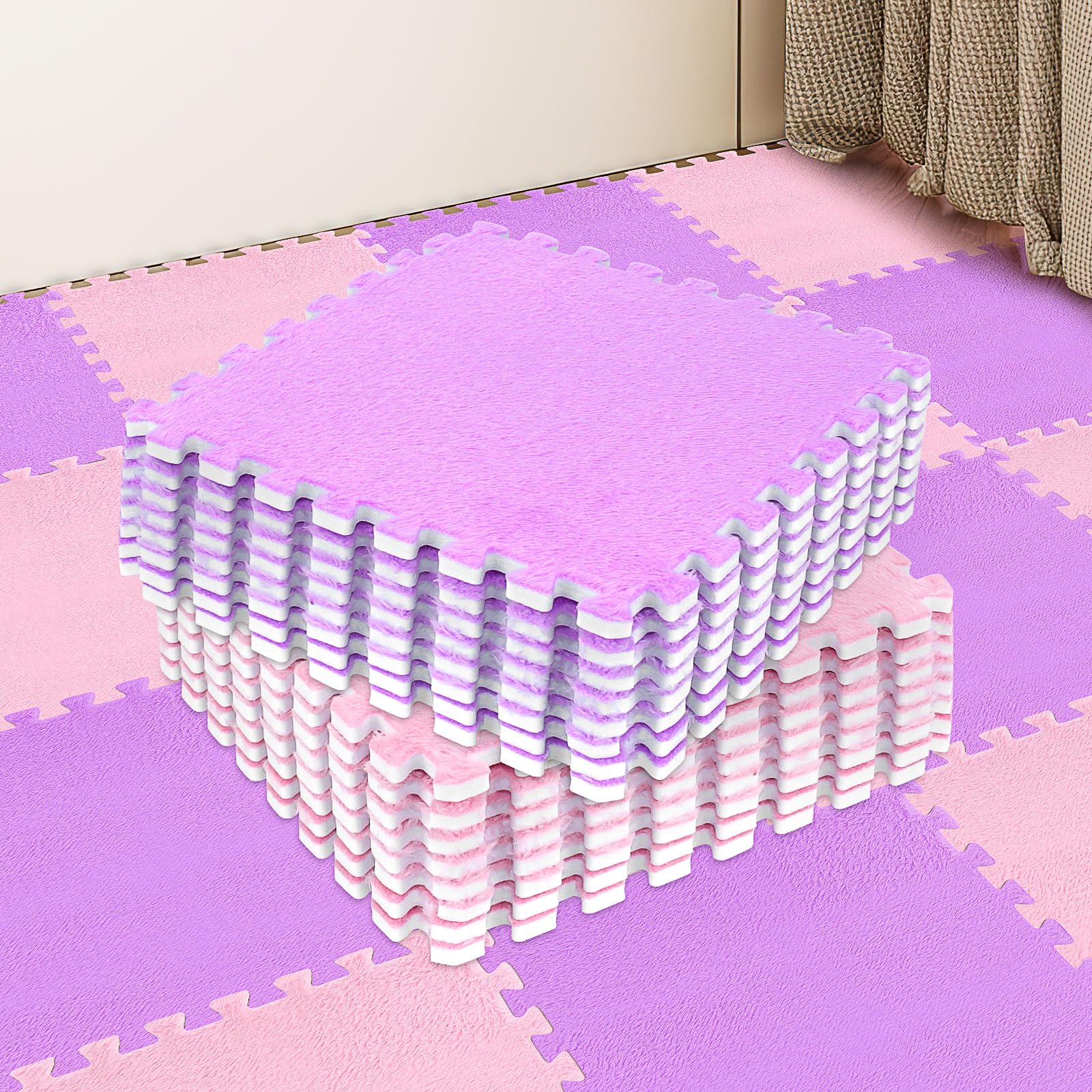 15 Pcs Plush Foam Floor Mat 30 x 30 cm Square Interlocking Carpet Tiles with Border Soft Fluffy Play Mat Floor Tiles Climbing Area Rugs for Home Playroom Nursery (Pink, Purple)