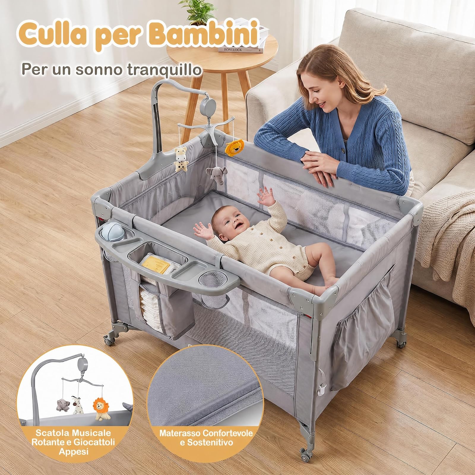 COSTWAY 5 in 1 Culla Co-sleeping Pieghevole per Neonato con Ruote (Grigio) | Lettino da Affiancare Portatile con Fasciatoio, Meterasso, Giocattoli e Carillon, Altezza Regolabile, per Bambini 0-3 Anni