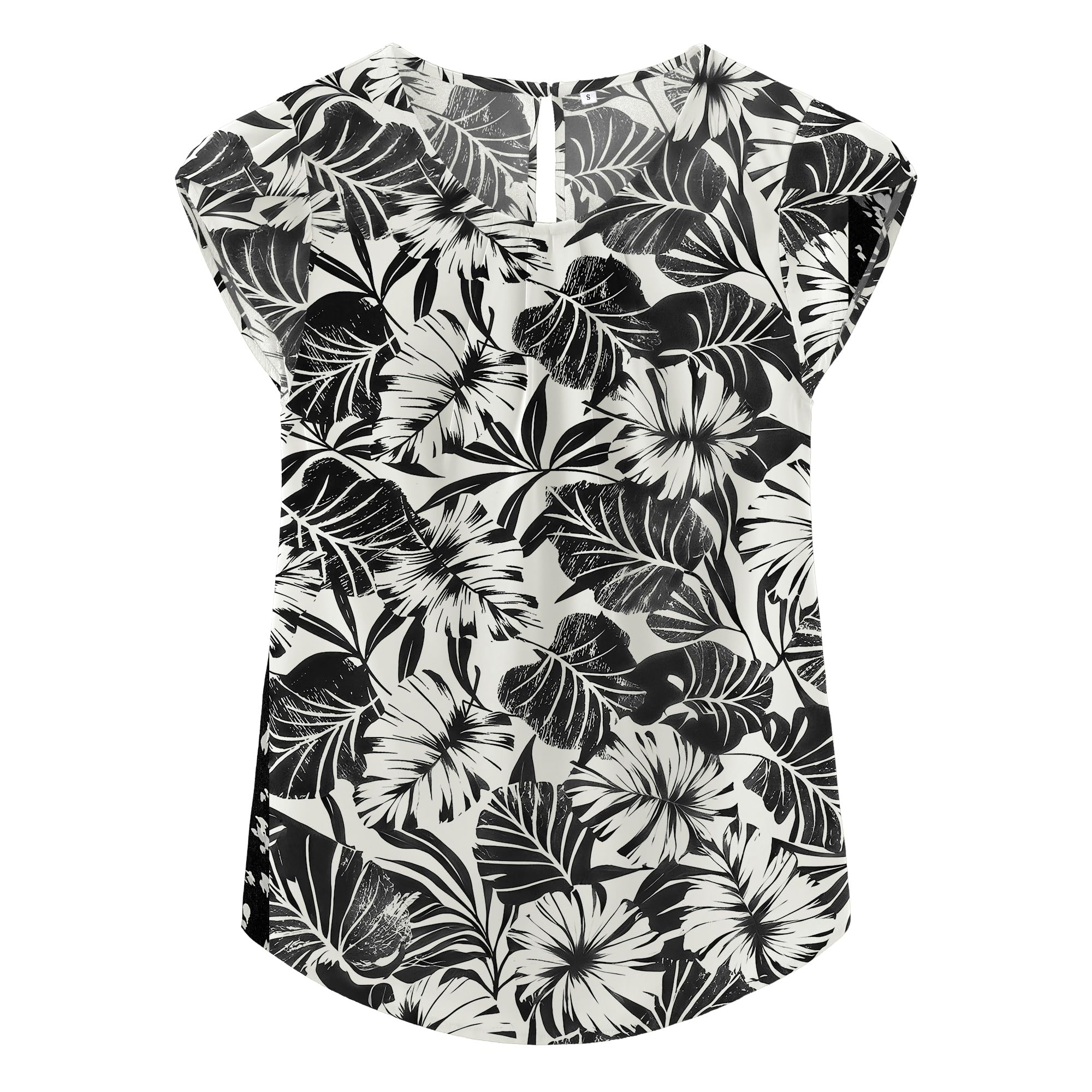 TASAMO Women's Casual Round Neck Basic Pleated Top Cap Sleeve Curved Keyhole Back Chiffon Blouse