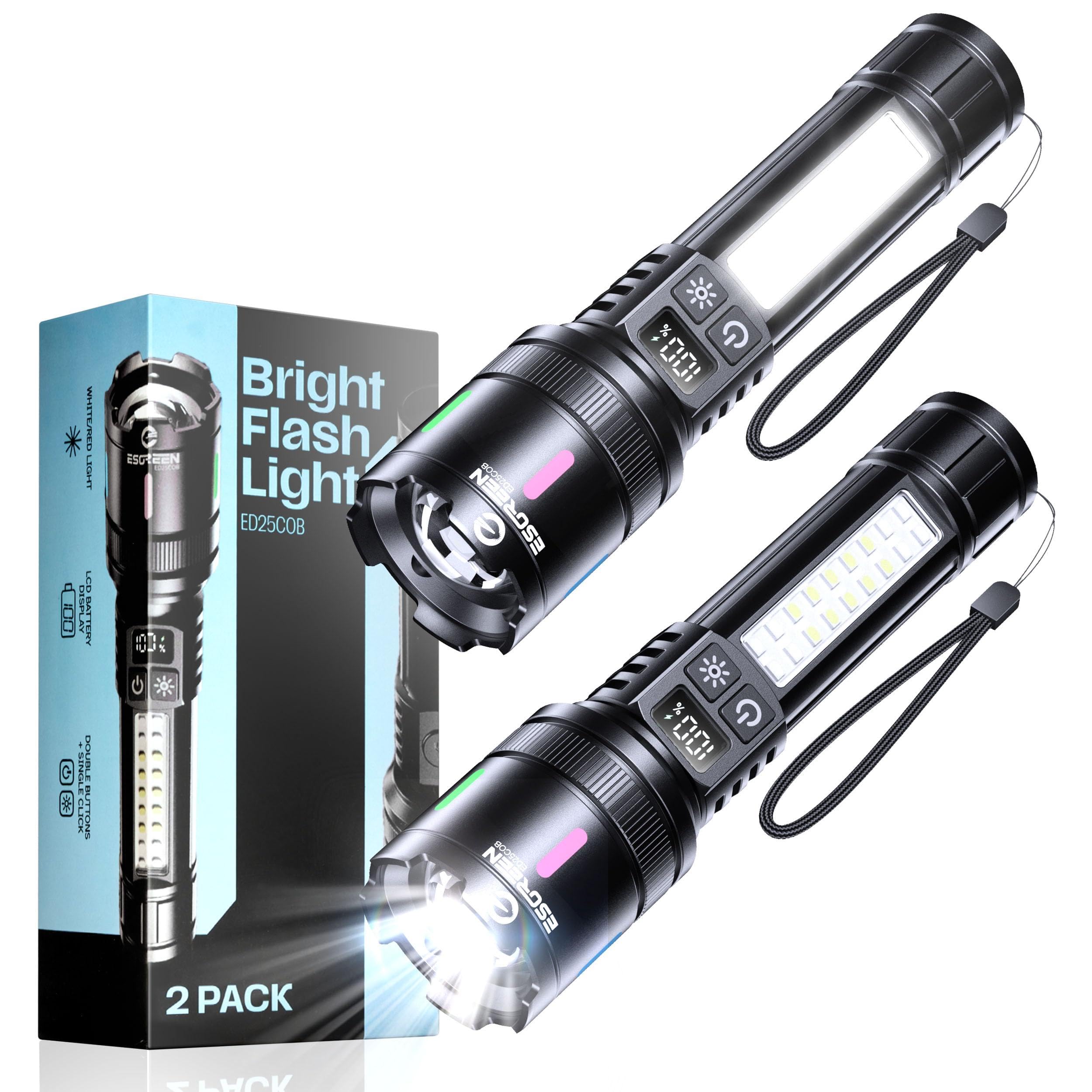 Esgreen 2 Pack Rechargeable Torches LED High Lumens 2000 Long Lasting 12H