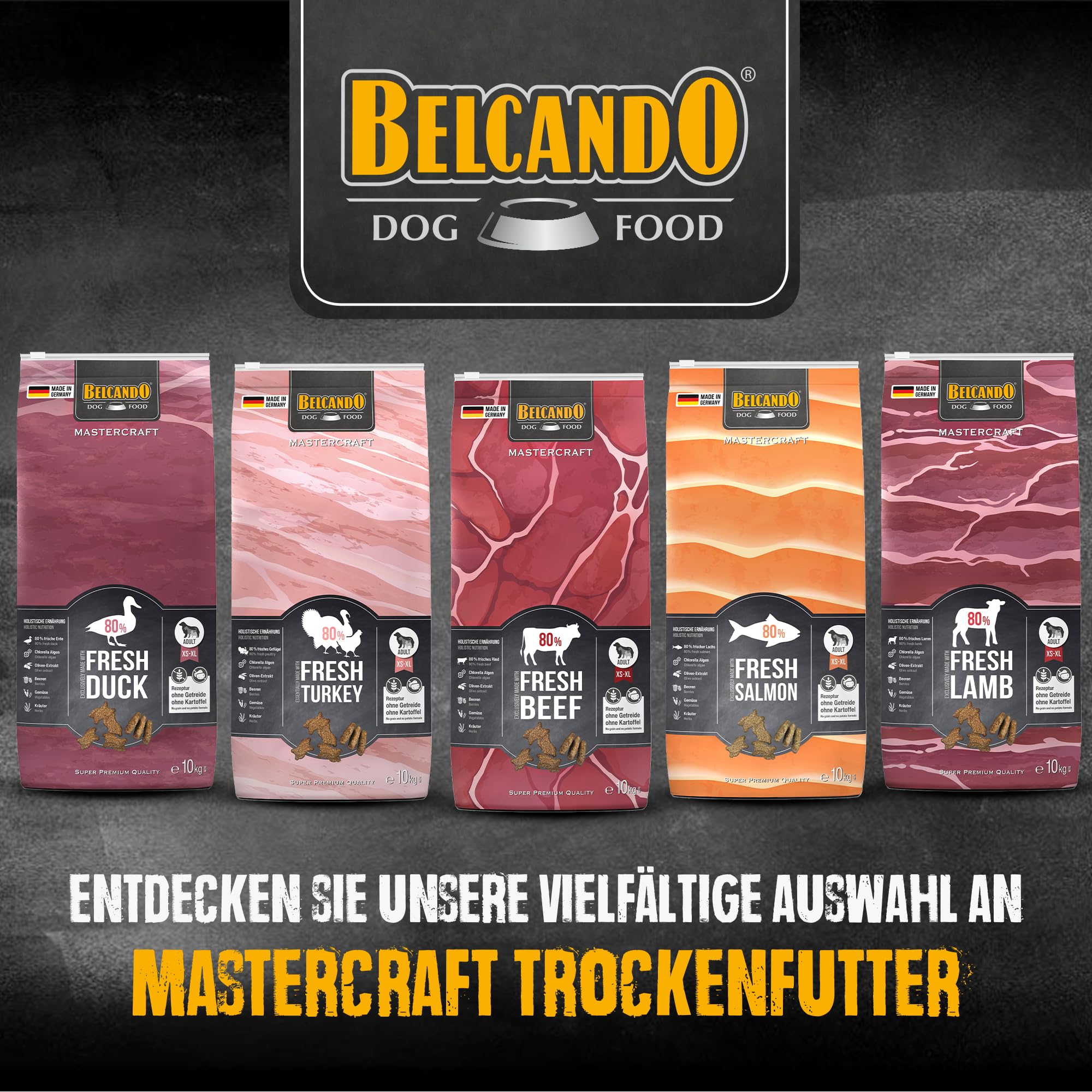 BELCANDO MASTERCRAFT sucha karma dla psów Fresh Beef, 10 kg, sucha karma dla psów z wołowiną, 80% świeżego mięsa, bez zbóż, dla wszystkich ras, Made in Germany