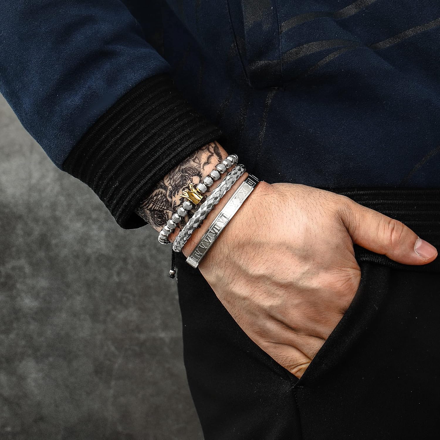 WFYOU 3PCS Stainless Steel Imperial Crown Bracelets for Men Gold Roman Numeral Bangle Bracelet Adjustable Cuff Bracelet Mens Luxury Jewelry Gifts - Image 4