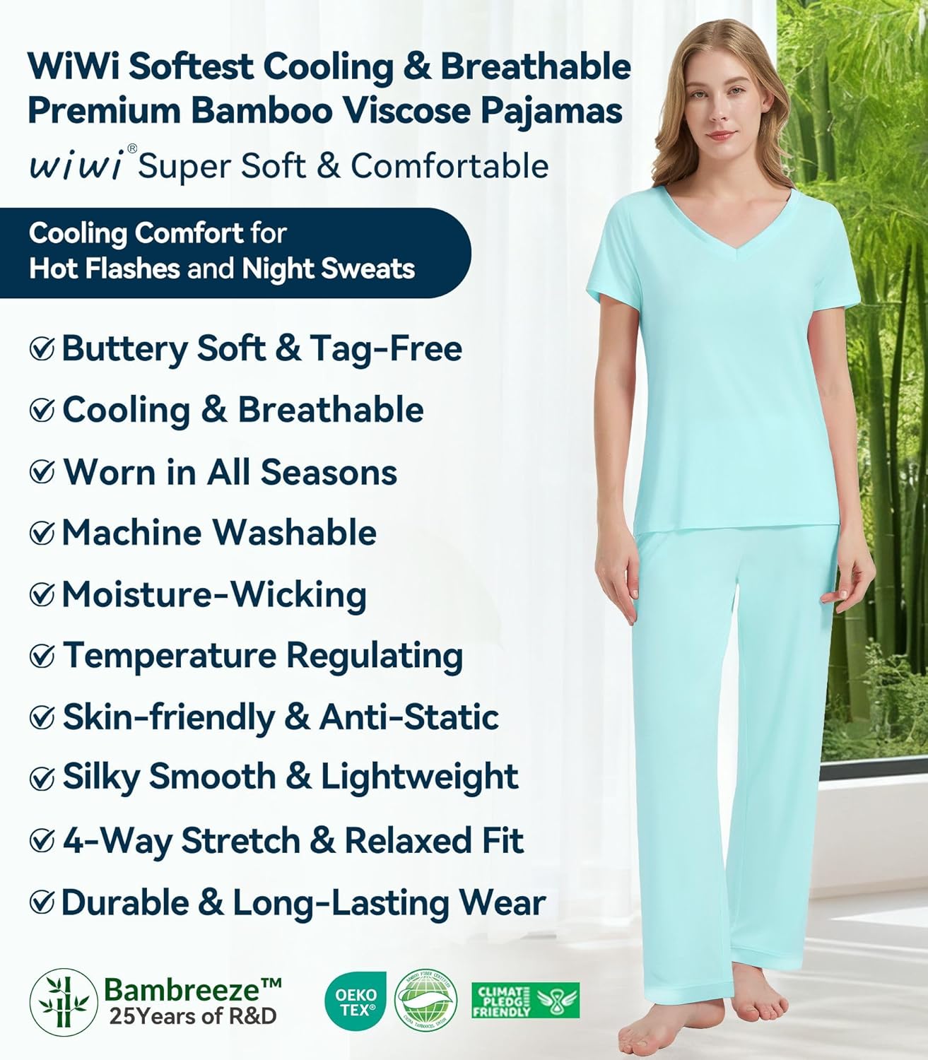 WiWi Womens Viscose from Bamboo Pajamas Set Short Sleeve Top with Pants Pjs Soft V Neck Sleepwear Lightweight Loungewear S-3X - Image 8