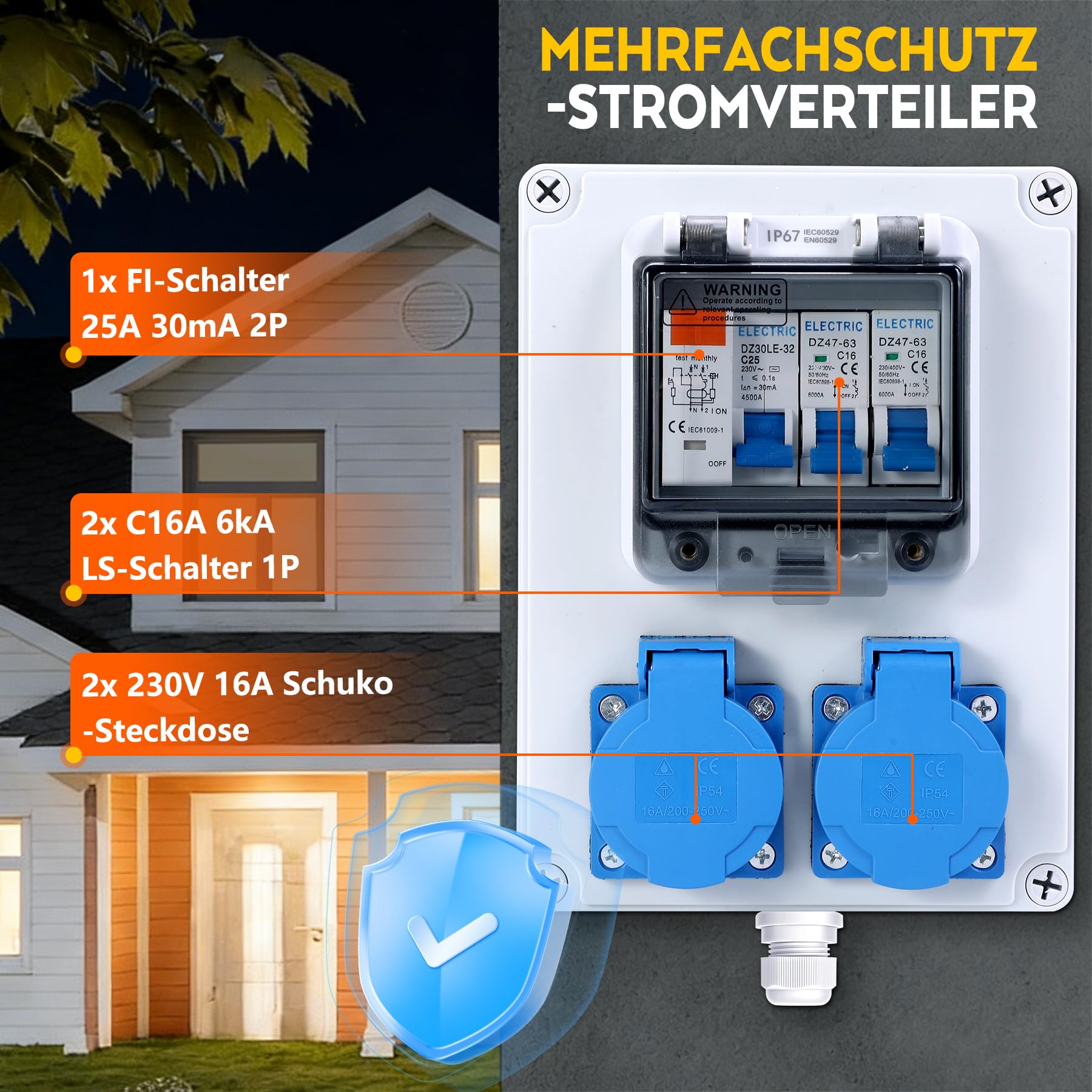 VAYALT Distribuidor de pared precableado, distribuidor de corriente para obras con interruptor FI, 25 A+LS, interruptor de protección 16 A, 2 enchufes Schuko de 230 V, carcasa resistente al agua IP67