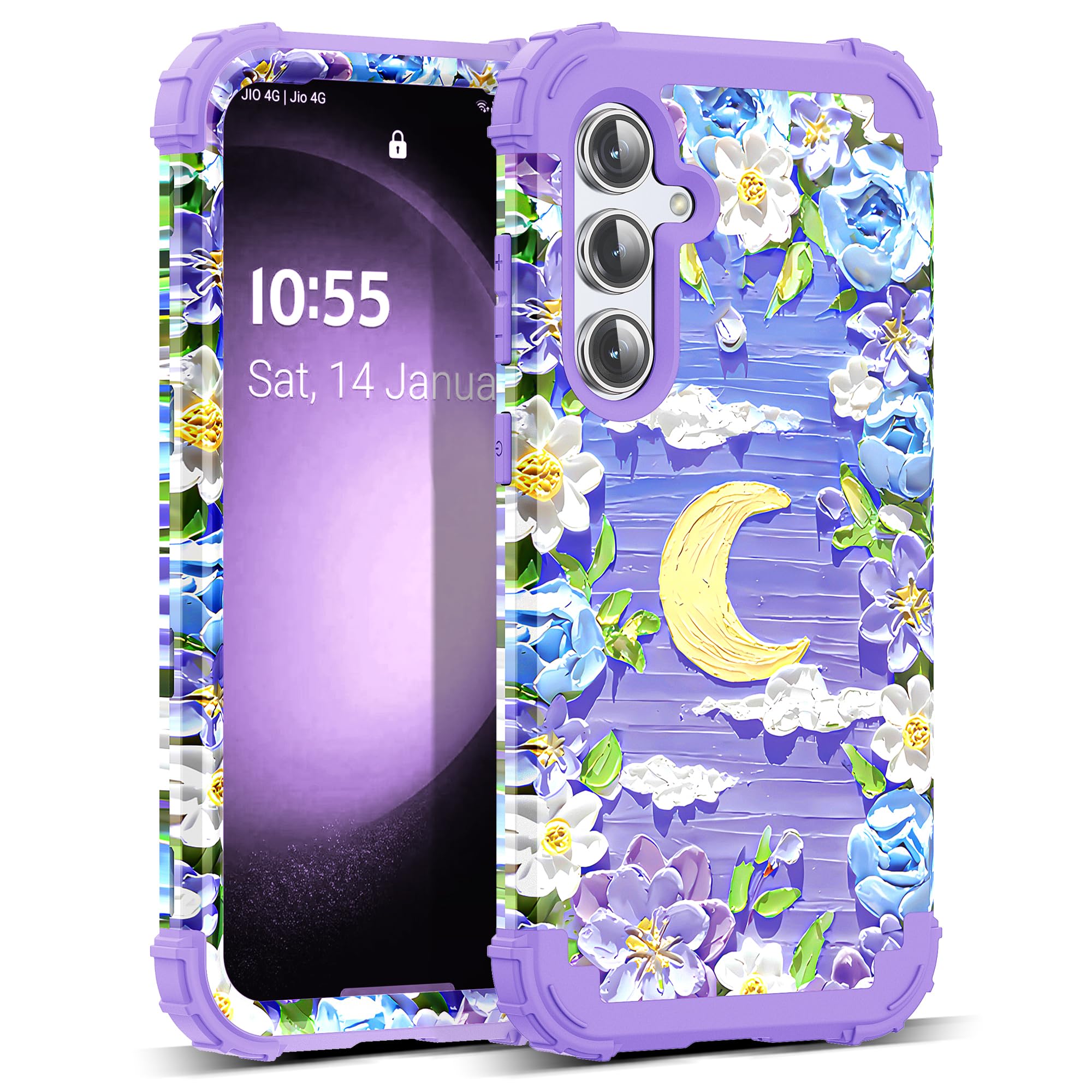 SleekCover for Galaxy S23 FE Case,3 in 1 Oil Painting Flower Pattern Heavy Duty Shockproof Protection Silicone Rubber Bumper+Hard Plastic Hybrid