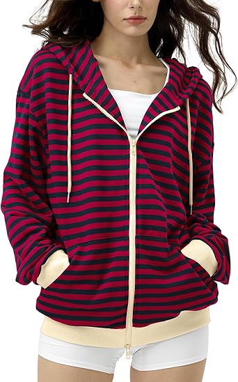 FAIABLE Striped Zip Up Hoodie Women Oversized Sweatshirt Hoodies Zipper Sweaters Pullover Cotton Vintage Preppy Shirt Outfits