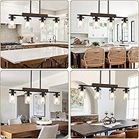 Vista 6 de 29.3'' Kitchen Island Light Fixtures, 4-Light Dining Room Light Fixture Chandelier Over Table, Black Modern Rustic Wood Ceiling Pendant Light
