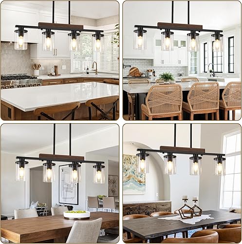 Miniatura 6 de Lámpara de isla de cocina de 29.3 pulgadas, lámpara de comedor de 4 luces sobre mesa, lámpara colgante de techo de madera rústica moderna negra, con