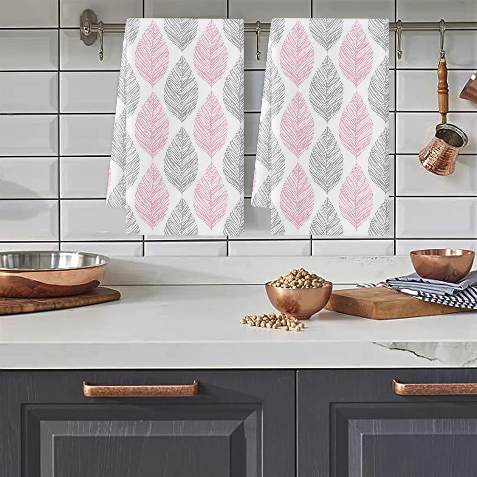 Trapos Cocina Hojas Rosas Y Grises Paños de Cocina Suaves y Absorbentes Paños Cocina Reutilizables Trapos de Cocina para Secar Toallas Lavable Toallas de Barra 2 Piezas (44x74 cm)