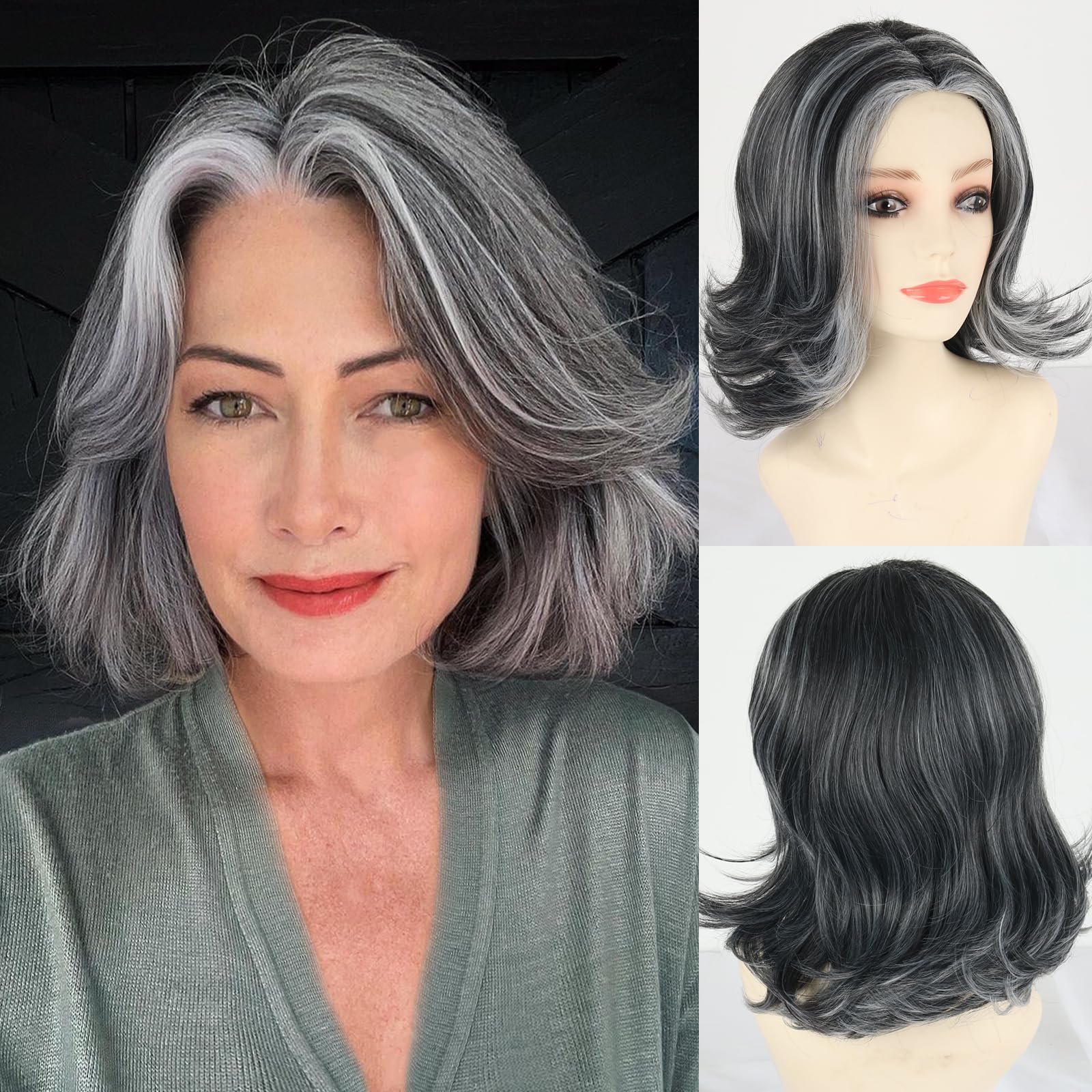 LEOSA Silver Wig Gray Bob Wigs for Women Synthetic Dark Grey Ombre Highlight Hair Wig Short Pixie Cut Layered Wavy Wig Mid-length Black and Gray Natural Daily Costume Old Lady Wig 14Inch