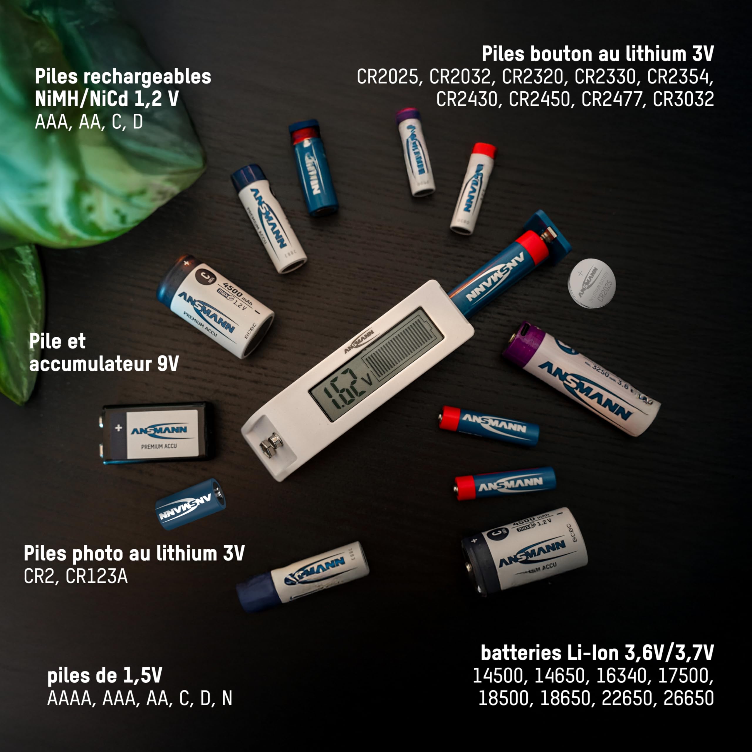ANSMANN Testeur de piles pour piles rechargeables, piles & piles bouton au lithium usuelles (plus grandes que 2025) résultats précis sur écran LCD, test rapide & facile, Comfort Check compact