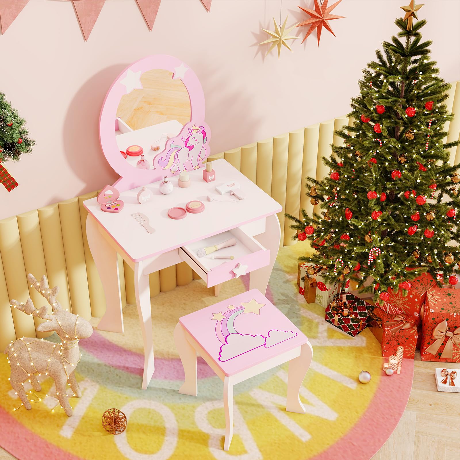 LIFEZEAL Coiffeuse avec Miroir et Tabouret Enfant, Coiffeuse Enfant Licorne Fille 3-7 Ans, Table de Maquillage Bois avec Tiroir pour Petite Princesse (Rose)