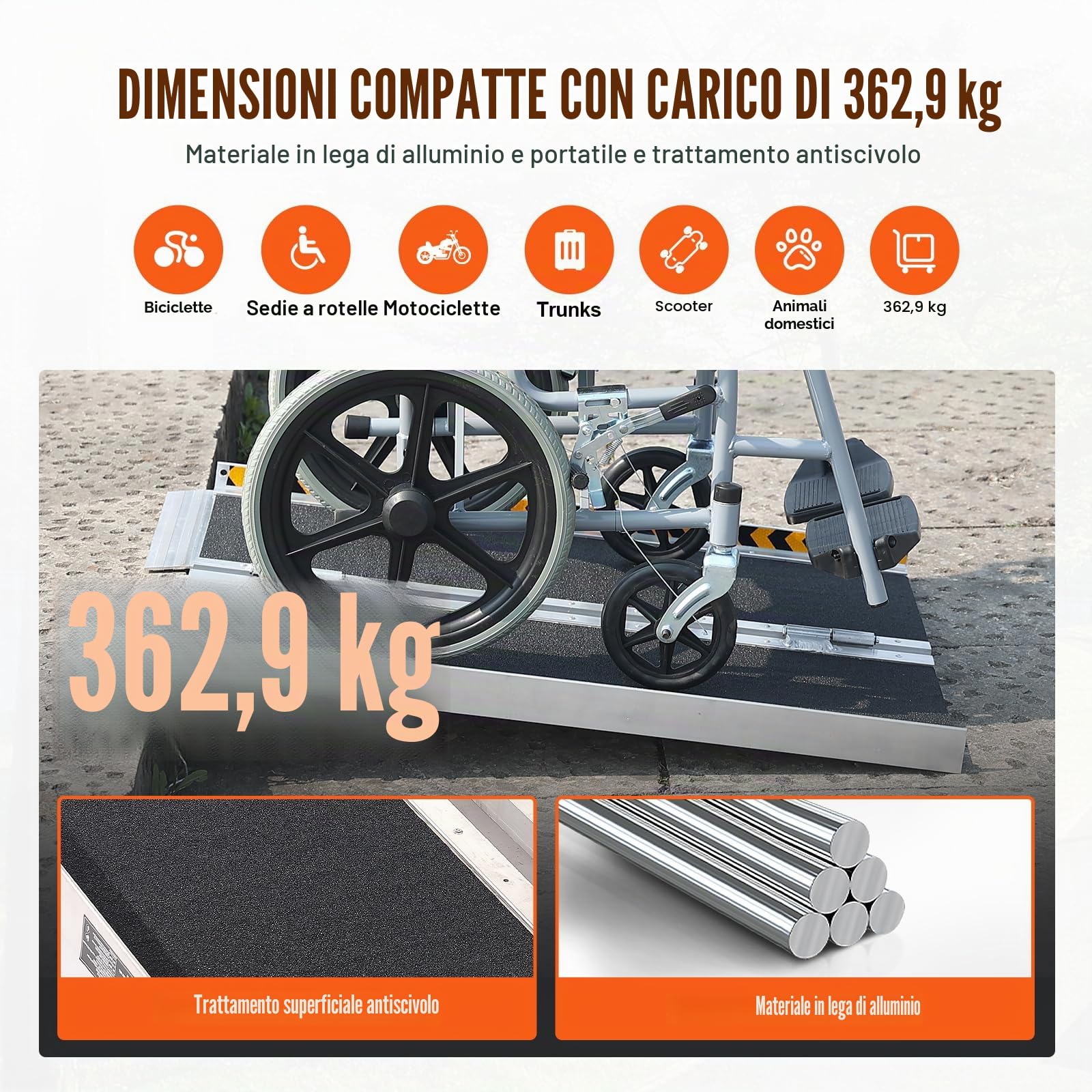 VEVOR Rampa per Sedia a Rotelle Portatile, 800 Libbre, Rampa con Soglia Pieghevole in Alluminio Antiscivolo, Rampa per Scooter per Mobilità Pieghevole per Gradini di Casa, Scale, Porte, Cordoli