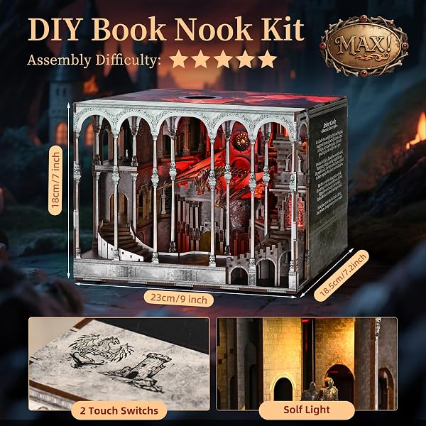 MiniCity Book Nook Kit DIY Casa de Muñecas de Madera en Miniatura Casa Kit, Libro Esquina Kit para Adultos Adolescentes, Rompecabezas de Madera 3D Esquina de Librería Kits con Sensor Luz LED - 3