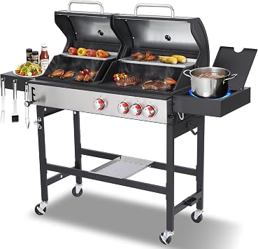 Propane Gas Griddle Charcoal Grill Combo Flat Top Griddle with Dual Lids & 2 Side Shelves| Outdoor BBQ Grill for Patio, Backyard, Camping 3 in 1& Side burner