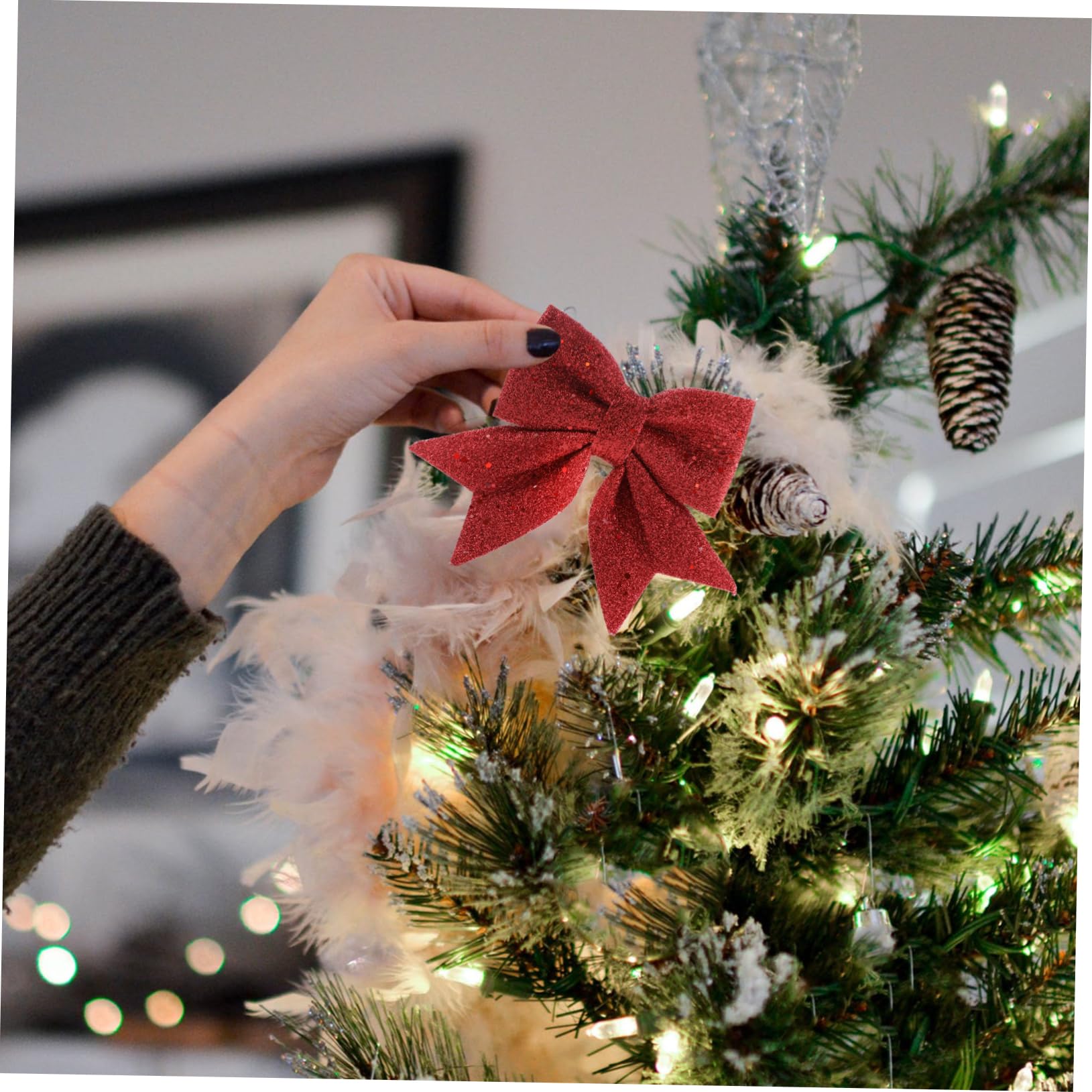 Juego de Adornos de Lazos Navideños Lazos Artesanales para Árbol de Navidad Color Rojo 12 X 15 Cm