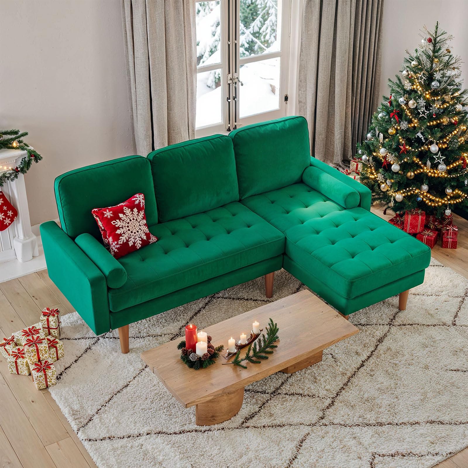 L Shaped Couch, Small Sectional with Chaise, Mid-Century Style L Shape Sofa with Bolster Pillows, Velvet Tufted Sponge Cushion, Vintage Couch for Living Room, Apartment, Small Space, Green