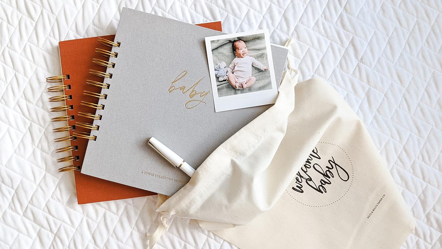 Linen Baby Memory Book for Baby's First Year - Record Baby Girl or Boy's First Year in this Baby Photo Journal Scrapbook Album
