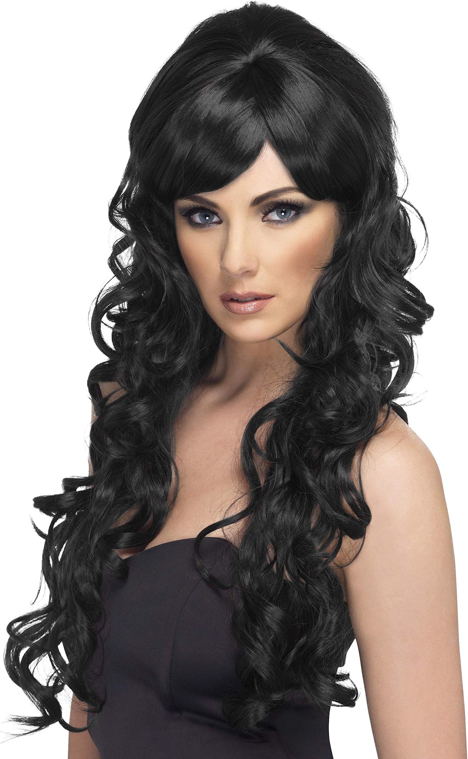 SmiffysWomen's Extra Long And Curly Black Wig With Side Bangs, One Size, Pop Starlet Wig, 5020570422267