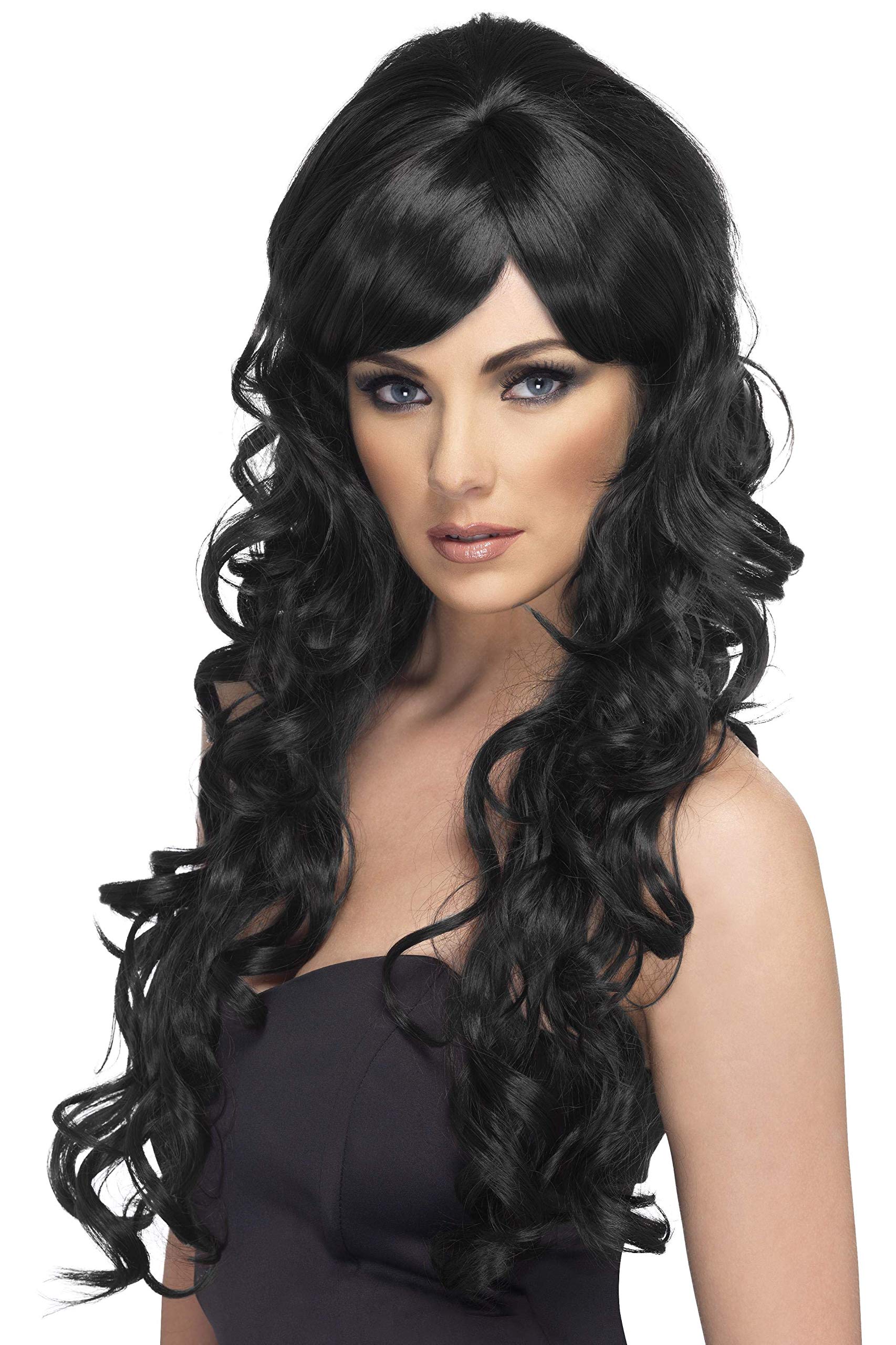 SmiffysWomen's Extra Long And Curly Black Wig With Side Bangs, One Size, Pop Starlet Wig, 5020570422267