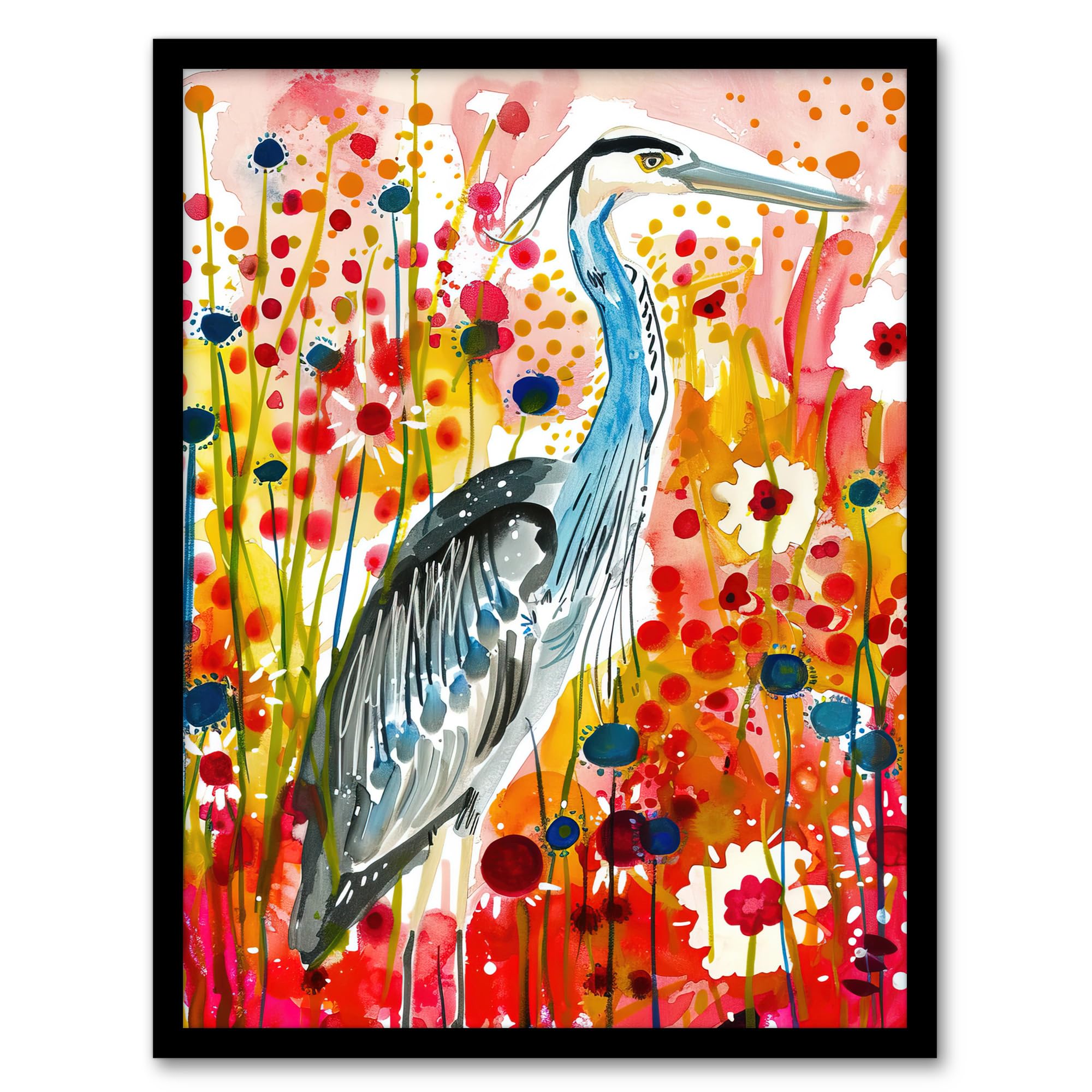 B&Q -  Heron Bird In Colourful Abstract Flower Field Wall Art PrintA4 Size