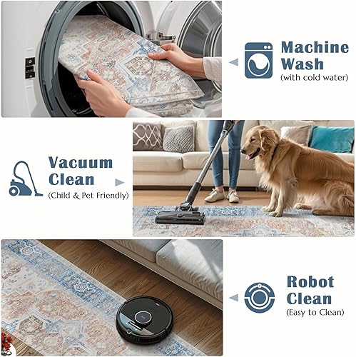 Miniatura 5 de jinchan Alfombra de pasillo de 2 x 8 pulgadas, lavable, para interiores, vintage, suave, alfombra azul y naranja, alfombra retro envejecida,