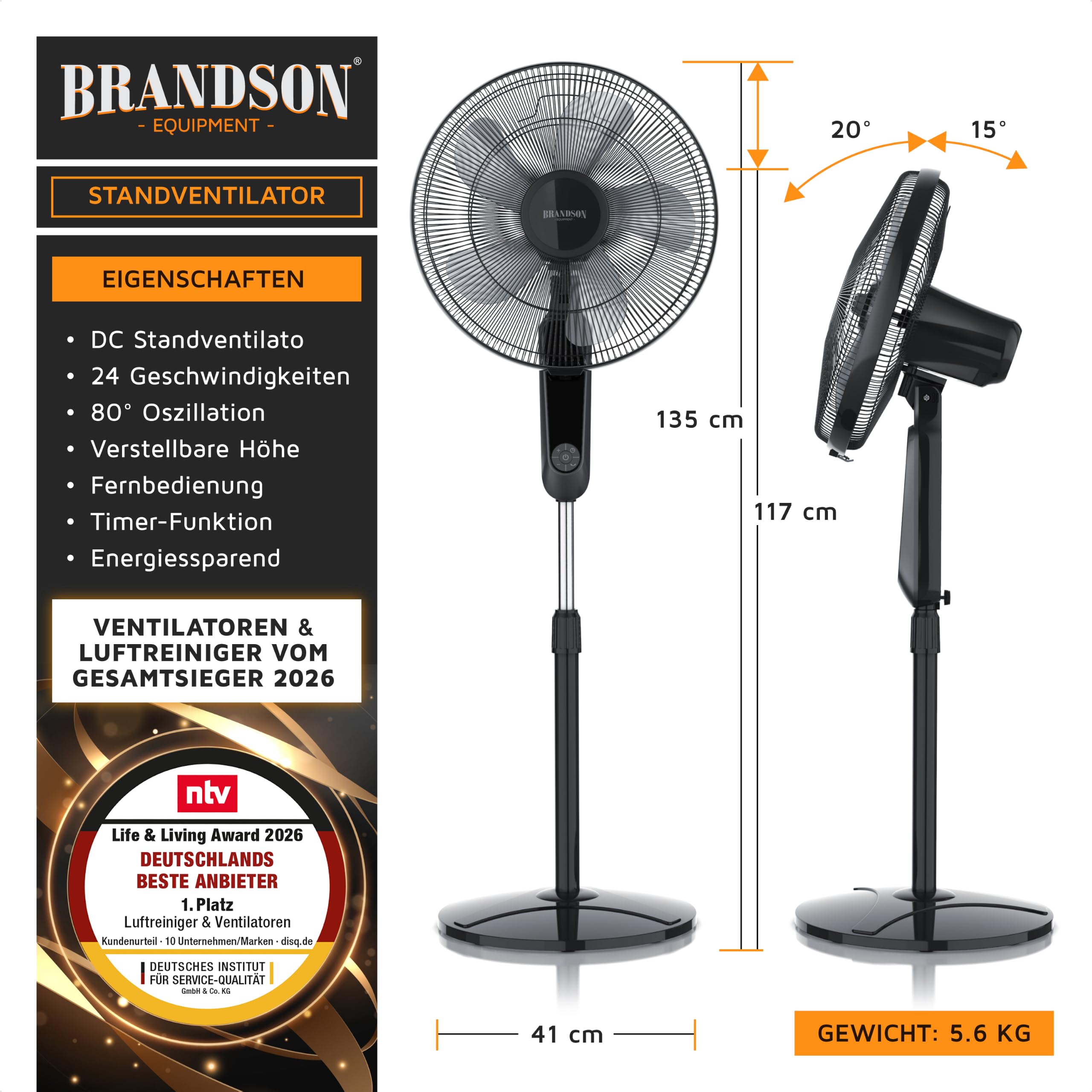 Brandson - Standventilator DC Silent mit Fernbedienung + Display - mobiler Lüfter leise, 24 Geschwindigkeiten - Oszillation 80° - Ventilator energiesparend