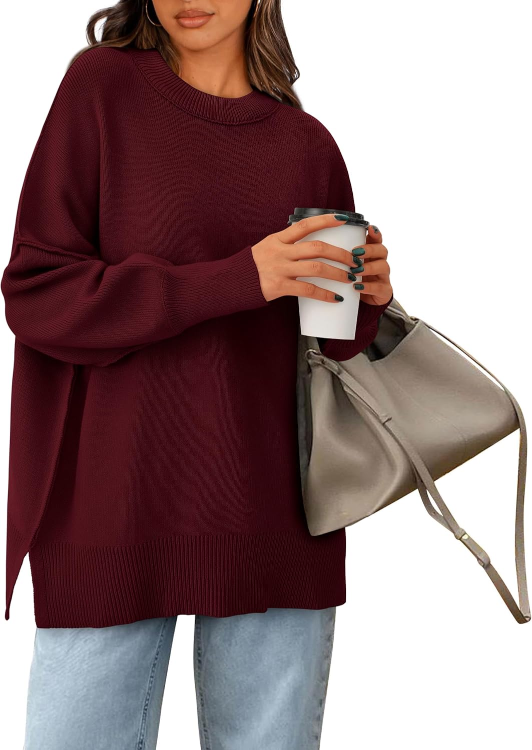 PRETTYGARDEN Women's Oversized Sweater 2025 Casual Fall Outfits Crewneck Long Sleeve Side Slit Chunky Knit Pullover Tops