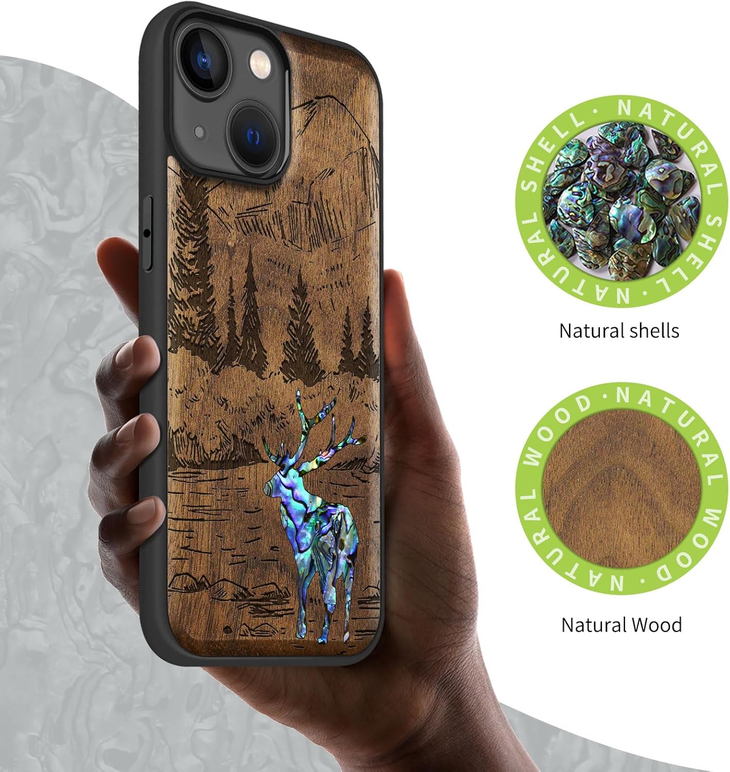 Carveit Wooden Case for iPhone 15 Magnetic Case, Compatible with MagSafe Wireless Chargers, Shockproof Cover, Handmade Shell Inlaid & Wood Artisan Engraved (Forest Deer) Walnut