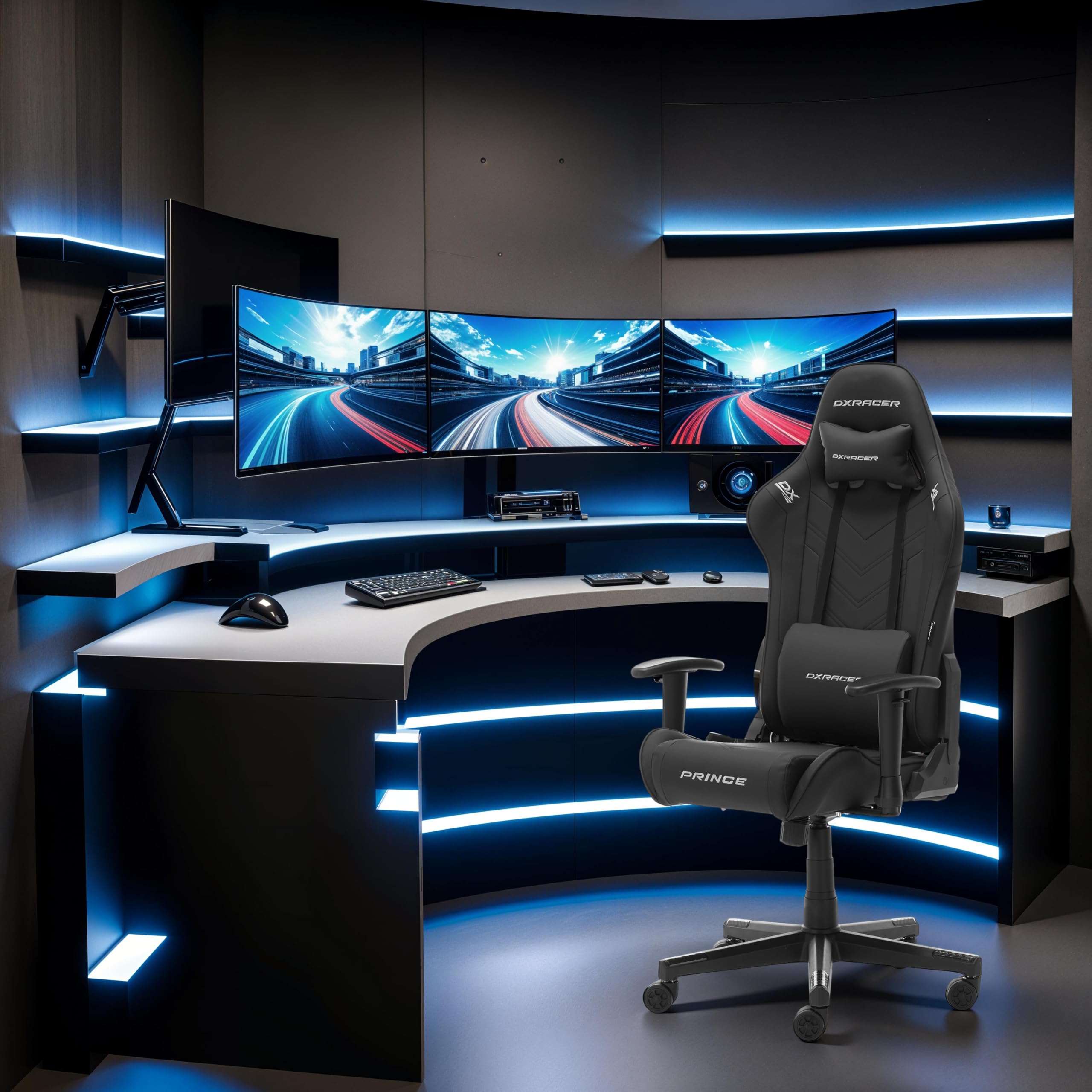 Robas Lund DXRacer Prince L PF132 krzesło gamingowe/biurowe/biurowe, z funkcją przechylania, krzesło gamingowe, z regulacją wysokości, ergonomiczny fotel szefa, kolor czarny