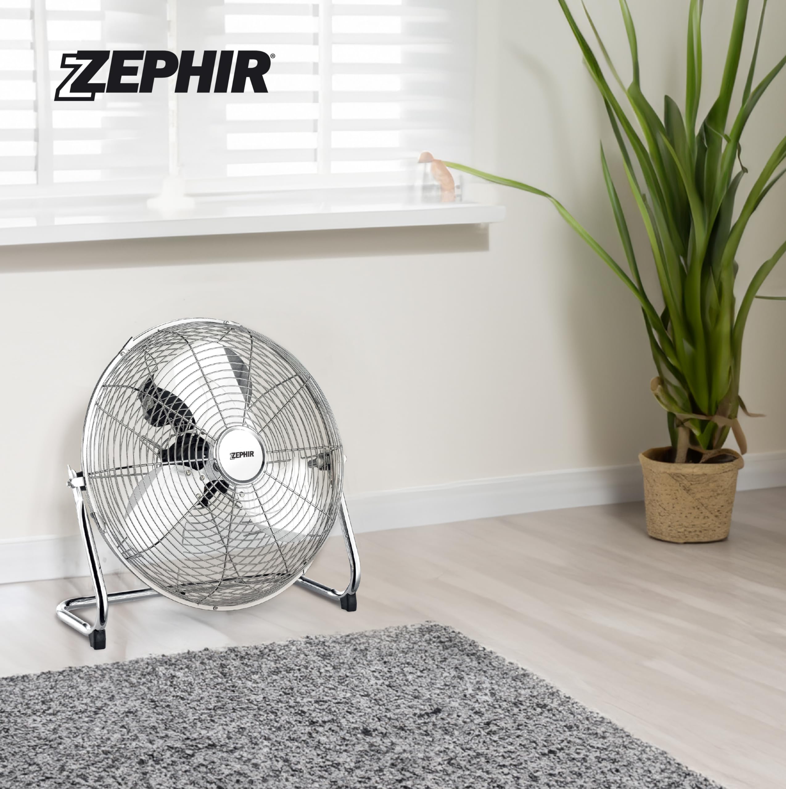 Zephir, Ventilatore Industriale da Pavimento, Alta Velocità, Acciaio Cromato, Pala 35cm, Inclinazione regolabile, Potenza 70W
