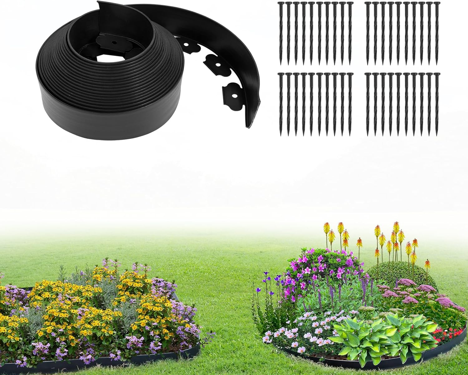 3 Inch x 40FT Garden Edging Kit with 40 Spikes for Landscaping, Plastic Lawn Edging Border for Flower Beds, Tree Rings, Pathways, Black
