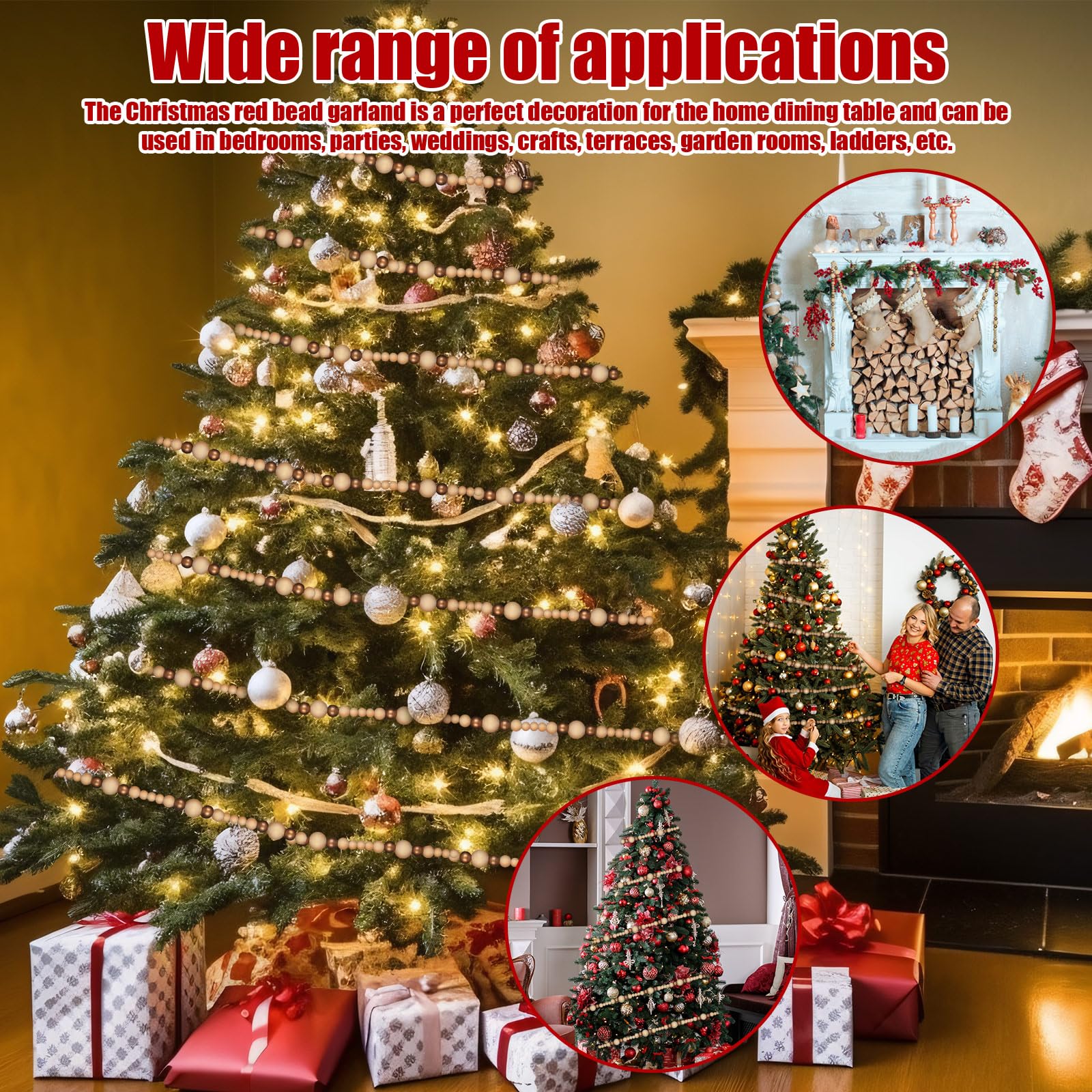 Lot de 4 guirlandes de perles en bois à suspendre pour sapin de Noël - 22 m - Blanc et doré - Décoration de Noël rustique - Décoration d'intérieur pour table, mur, vacances, cheminée