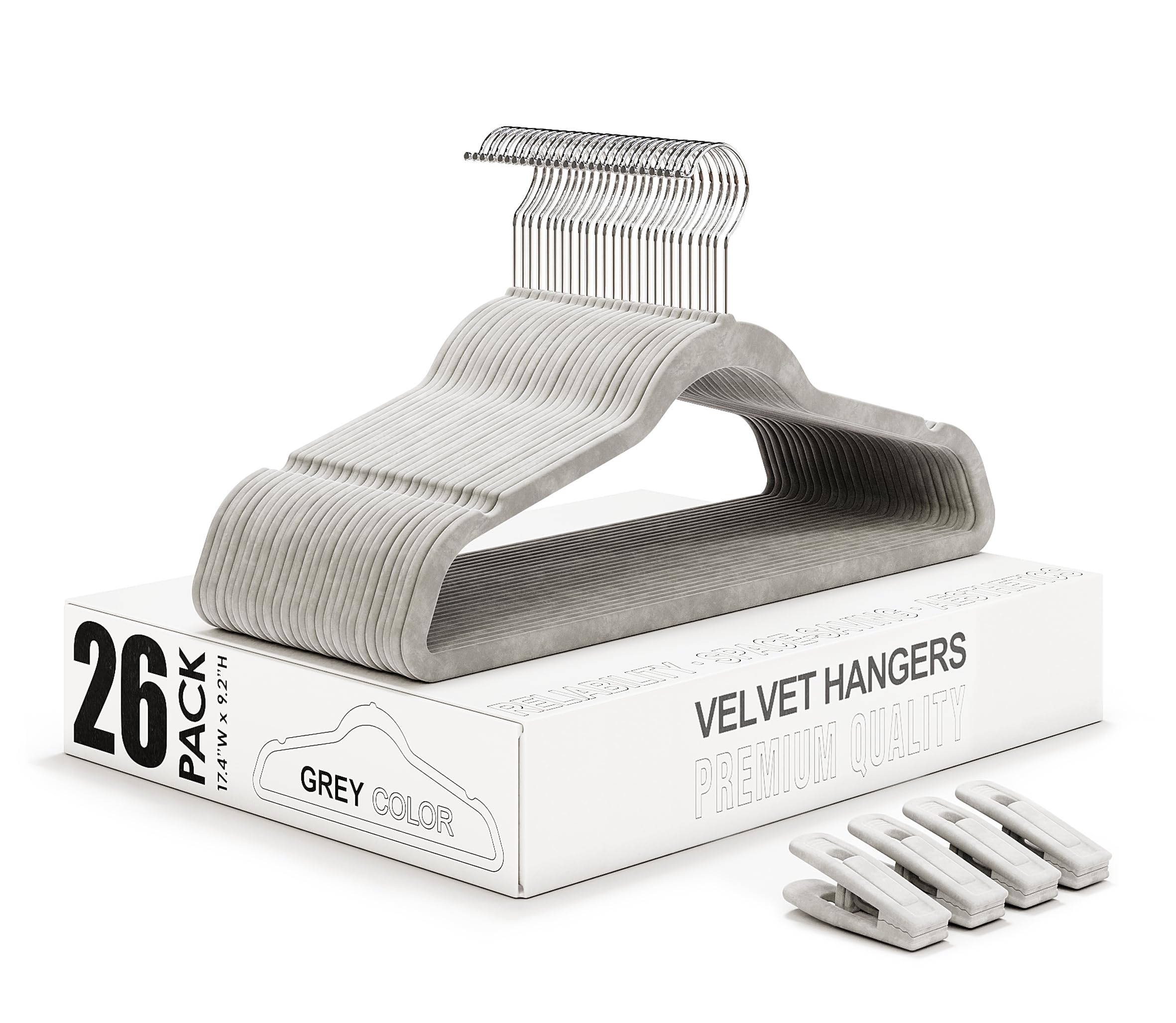 Velvet Space Saving Hangers - Non Slip Grey Felt Clothes Hangers - Pack of 26 with Clips for Coat, Shirt, Pants & Dress
