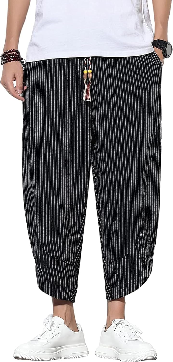 Mens Harem Pants Patchwork Baggy Capri Pants Elastic Waist Japanese Shorts