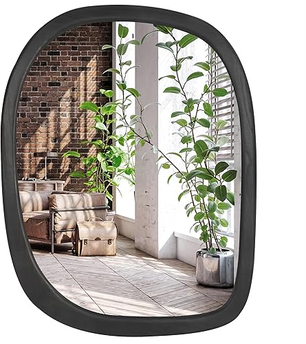 Americanflat Espejo asimétrico en sicomoro negro, espejo de pared irregular de 22 x 28 pulgadas para baño, sala de estar, entrada y espejo