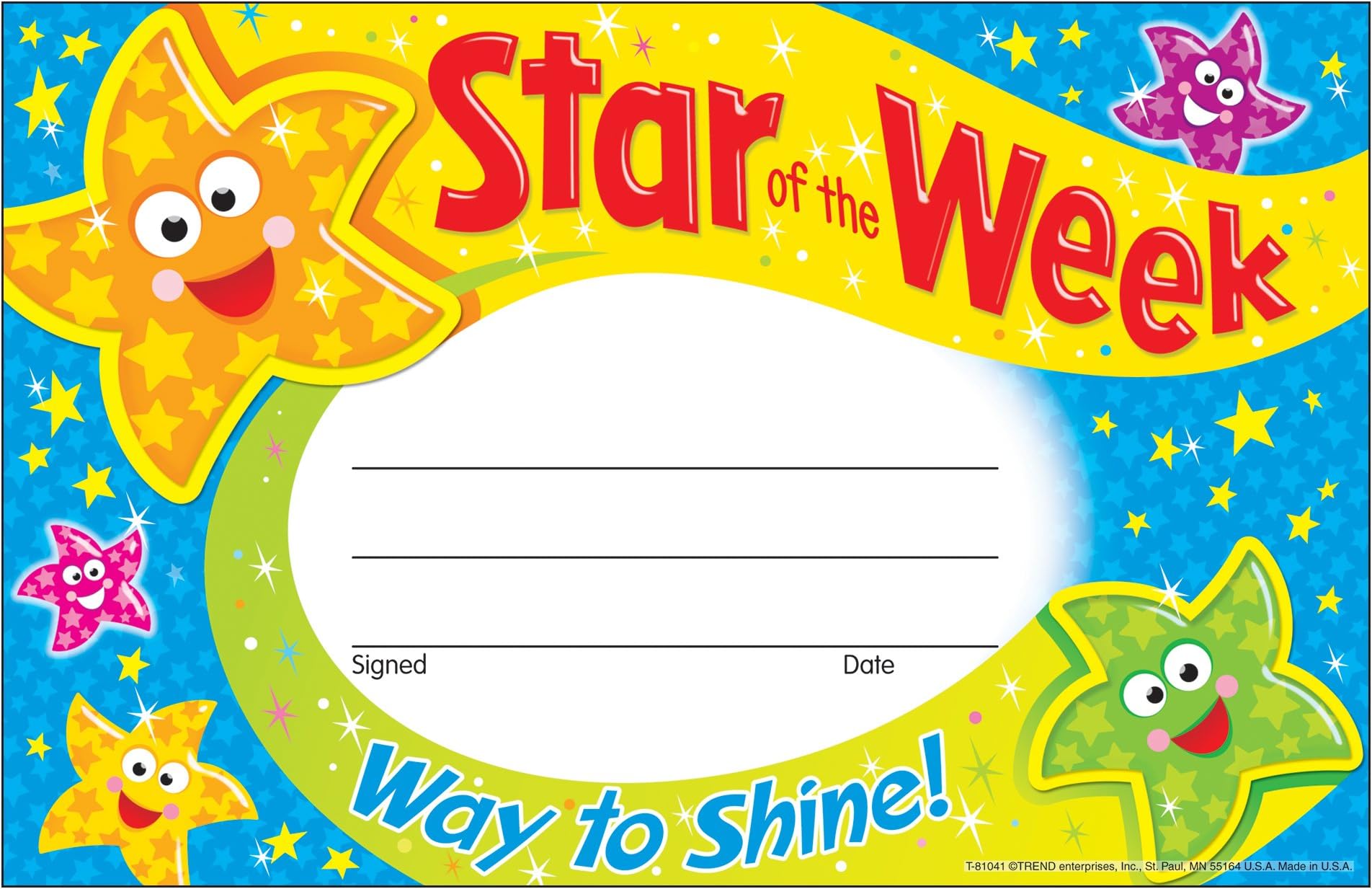 TREND ENTERPRISES INC. T-81041 Star of The WeekโWay to Shine Recognition Awards, 30 ct, Multi, 5.5 x 8.5 Inches