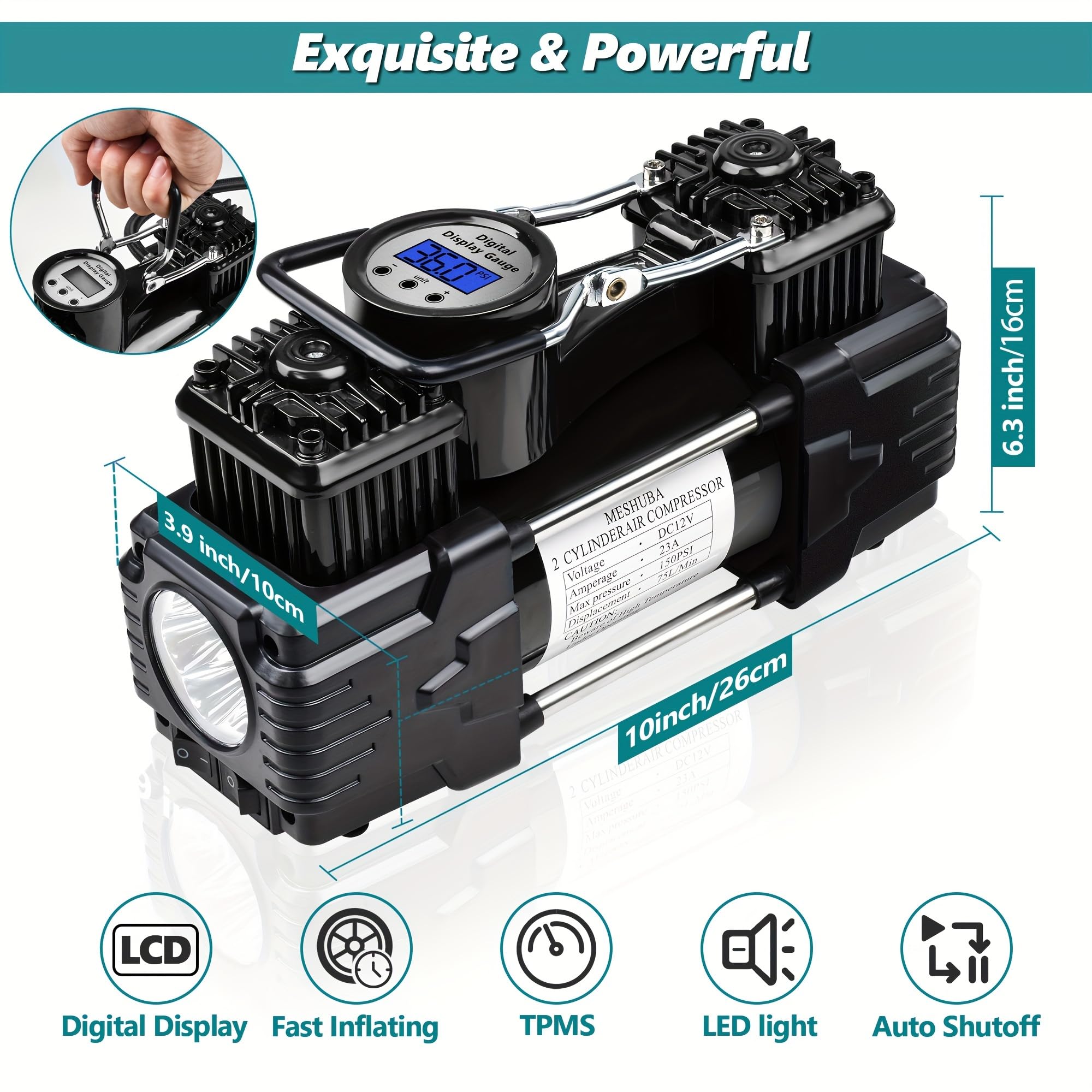 Compressore d'aria a doppio cilindro con kit di riparazione pneumatici e cassetta degli attrezzi, pompa ad aria portatile con display digitale, luce LED, spegnimento automatico, resistente