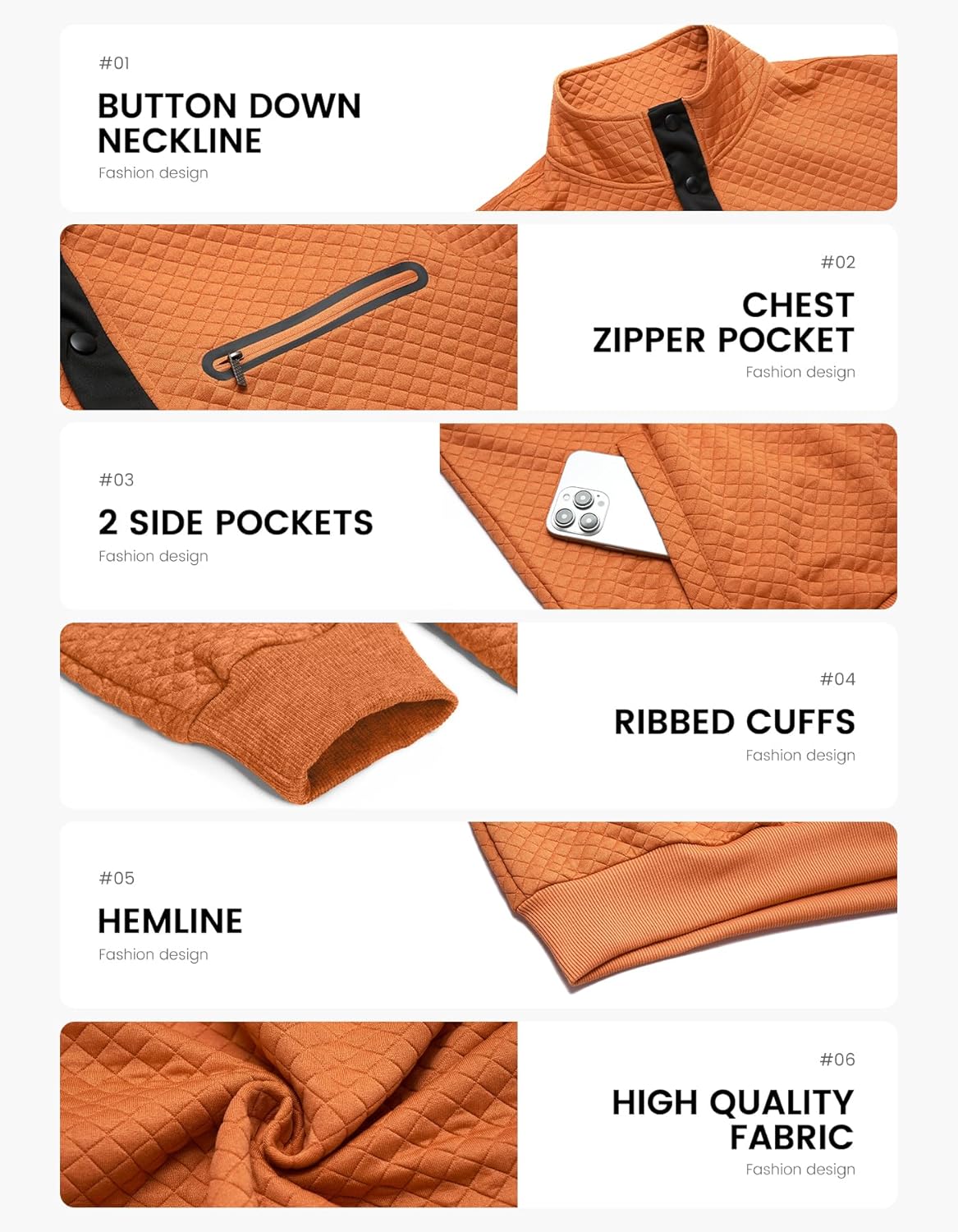 Casual Sweatshirts for Men Pullover Mens Long Sleeve Button Stand Collar Quilted Sweatshirt with Pocket - Image 4