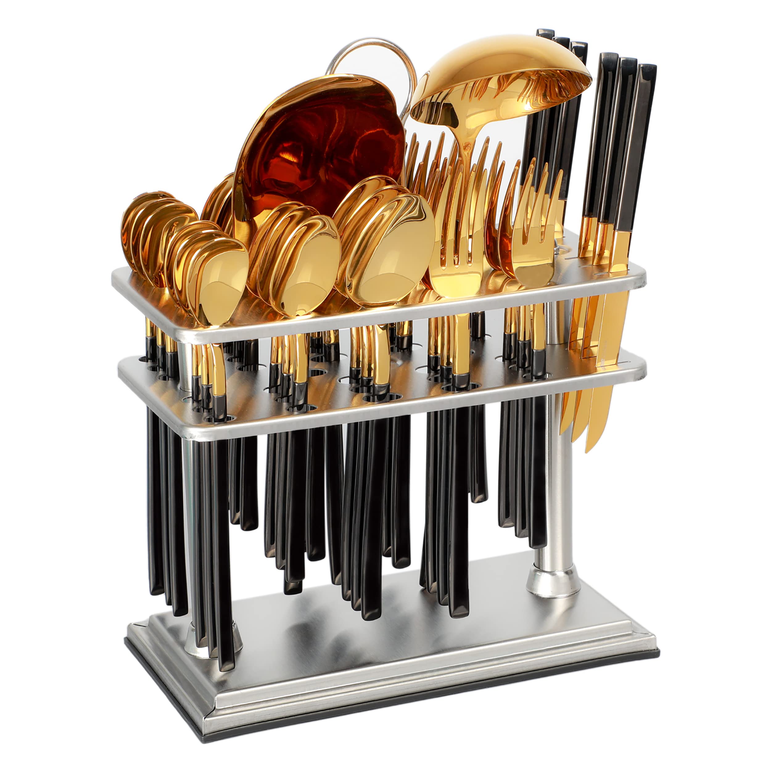 LIFE SMILE Cutlery Set, 18/10 Pure Stainless Steel Flatware Set with Stand, Rust Proof & Fade Proof Dinnerware Set (SHINY GOLD HEAD & SHINY BLACK HANDLE, 39 Pieces)