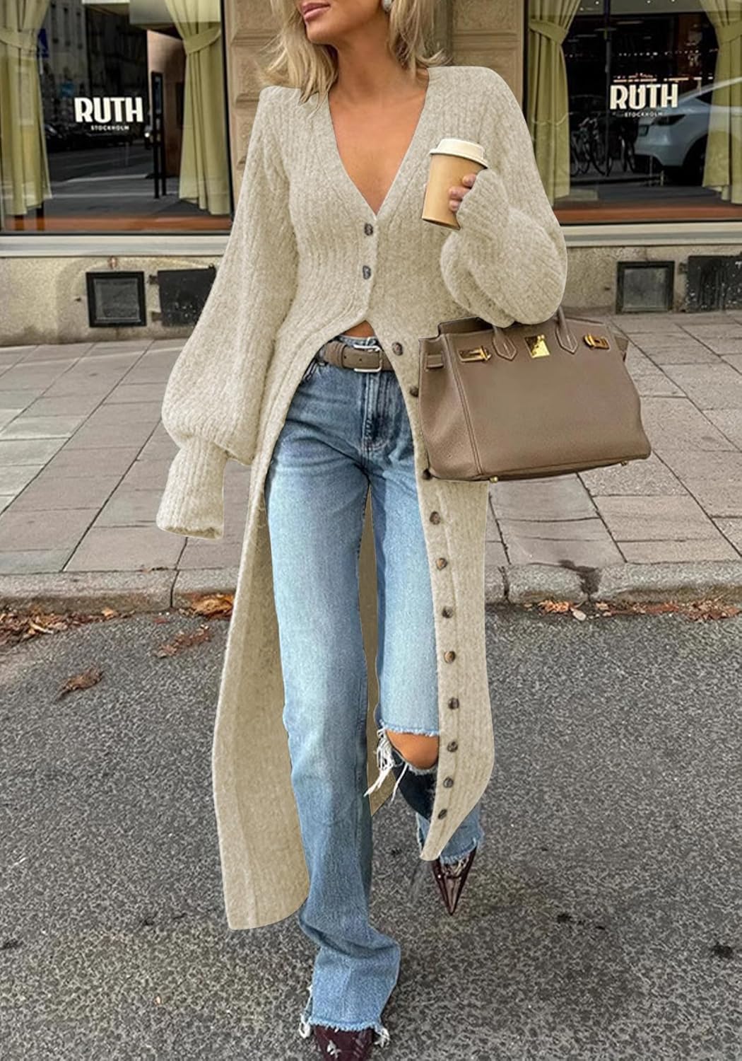 Unybwonn Long Cardigans for Women Chunky Cable Knit Duster Sweater Cover up Maxi Dress Long Sleeve Button Down Cardigan - Image 2