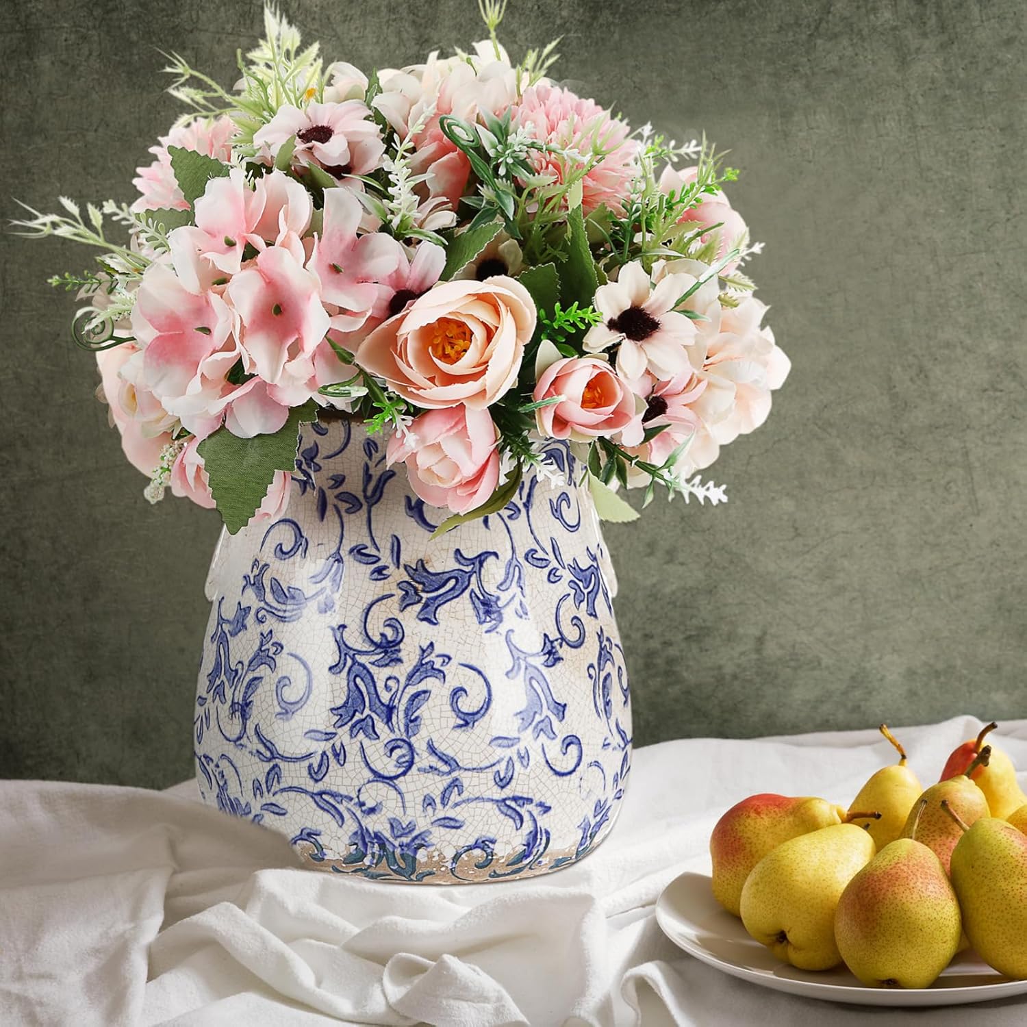 Ceramic Scroll Planter 6.5 Inch Chinoiserie Floral Vase with Drainage Holes Vintage Flower Vase Flower Pot Rustic Ceramic Pots for Indoor Plants Garden Home Bookshelf Decor (Retro Blue)