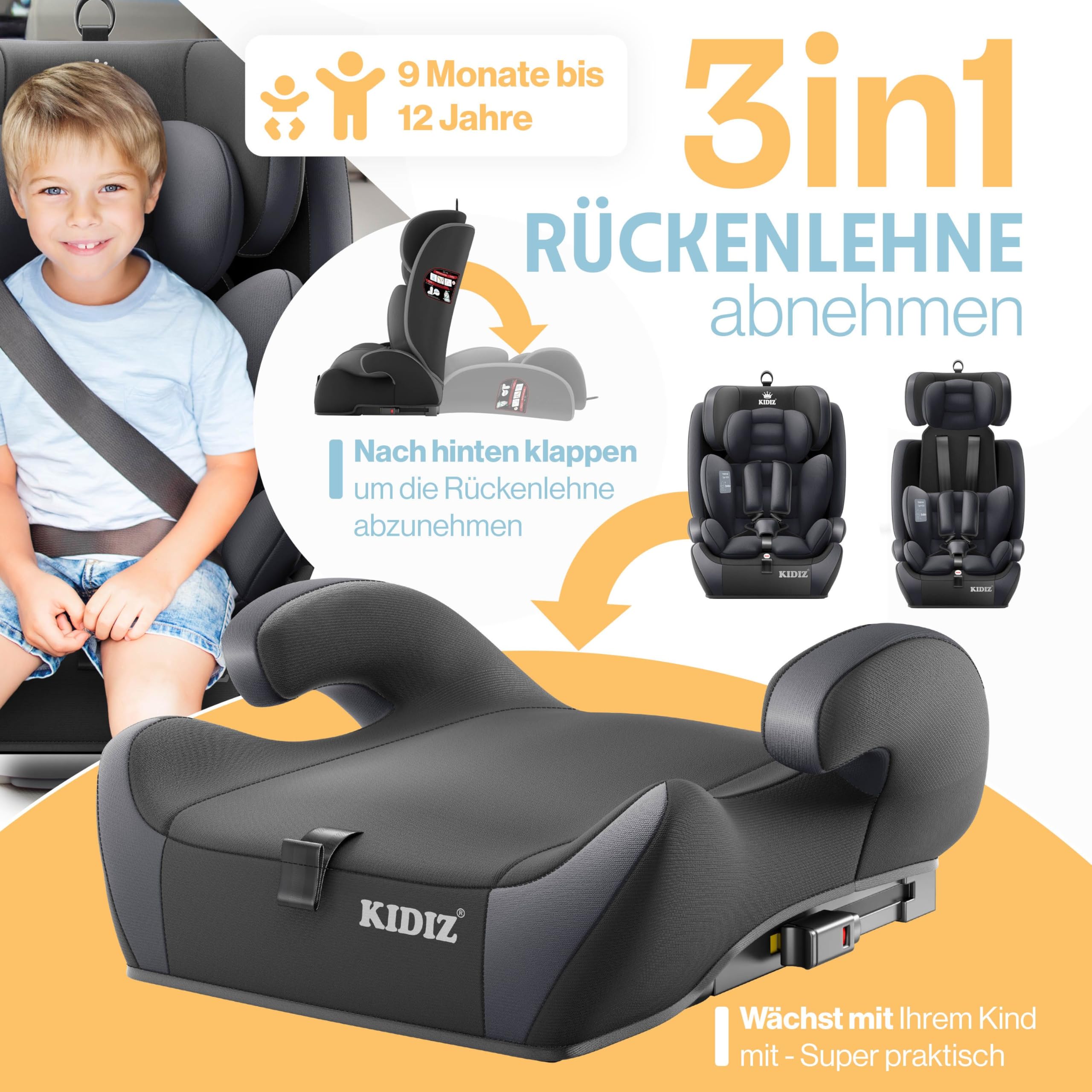 KIDIZ® Autokindersitz mit Isofix i-Size R129 100-150cm Gruppe 1/2/3, 5-Punkt-Gurt, höhenverstellbare Kopfstütze, Anthrazit