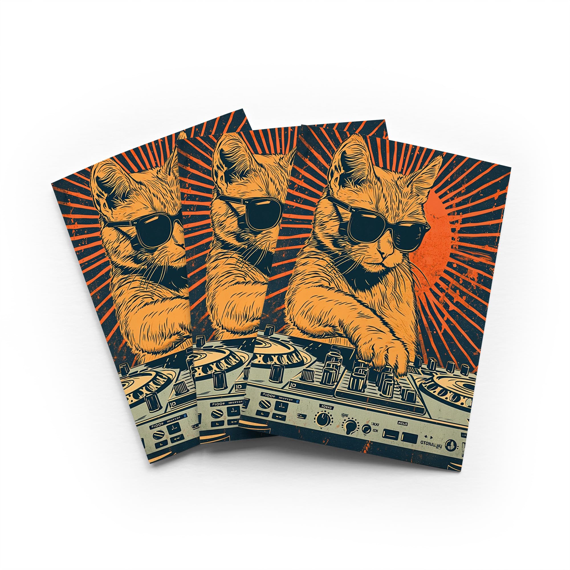 Retro Sun DJ Cat Greeting Card Music Lover Any Occasion Set of 3 Blank Inside 5x7 Inch 13x18 cm