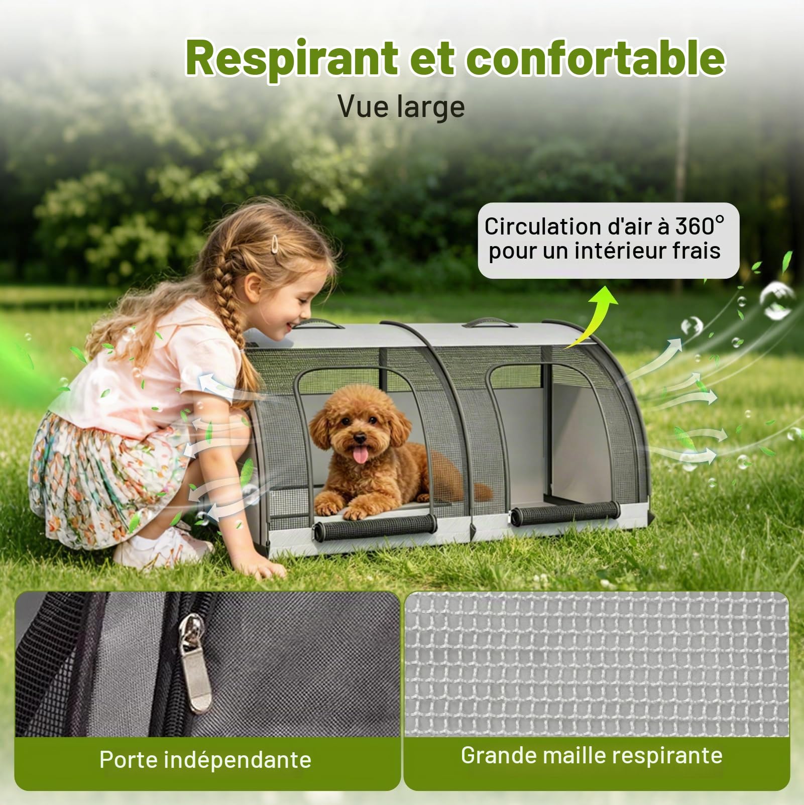 Cage Transport Chien Voiture, Caisse Transport Pliable 100cm avec 2 Portes | Caisse Chien Voiture Siège 100×50×50 cm, Double Compartiment, Mesh Respirant, Ceinture Sécurité, Idéale Voyage et Camping